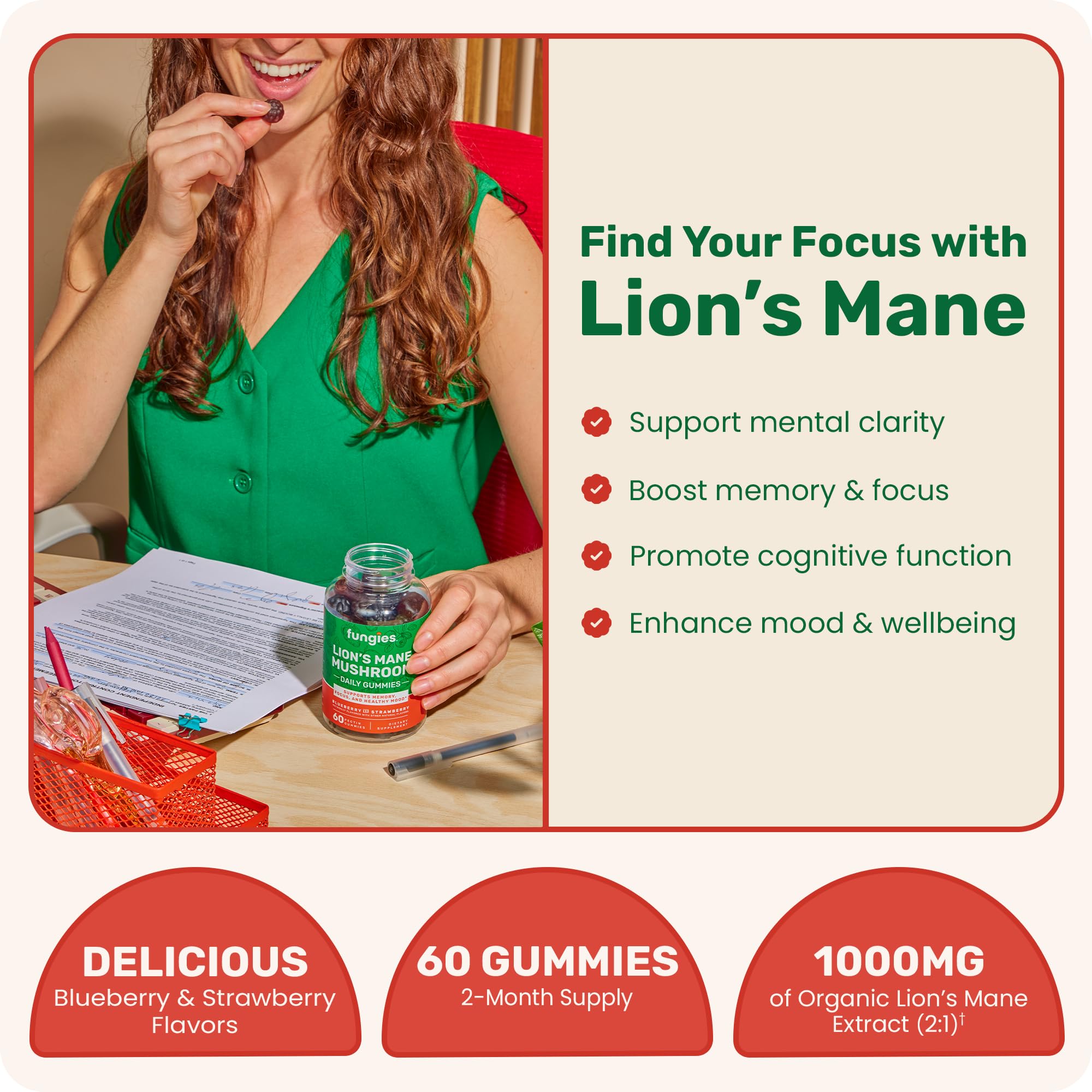 Fungies Lion's Mane Gummies – Mixed Blueberry & Strawberry, 60 Servings | Brain Health & Focus