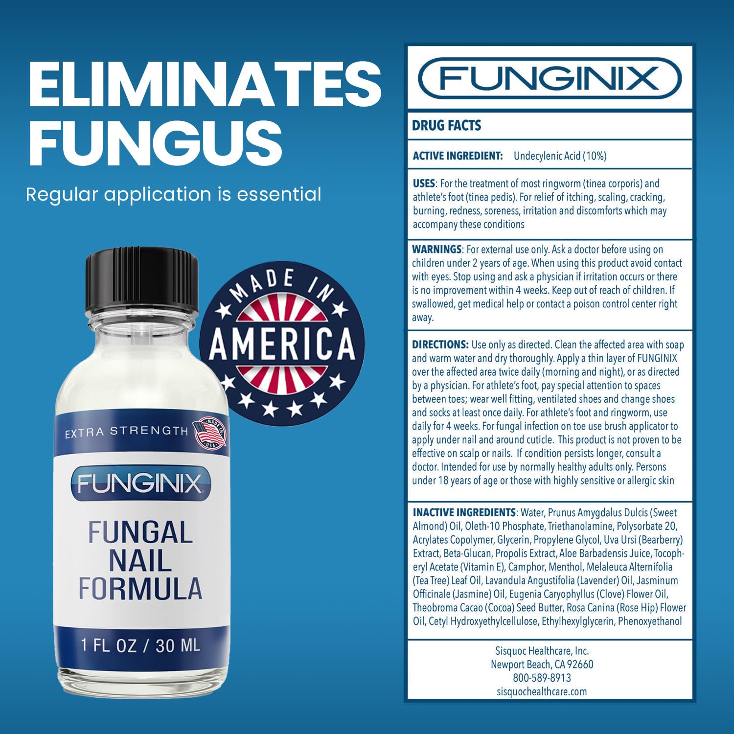 FUNGINIX Toenail Fungus Treatment Extra Strength – 10% Undecylenic Acid + Tea Tree Oil (Made in USA)