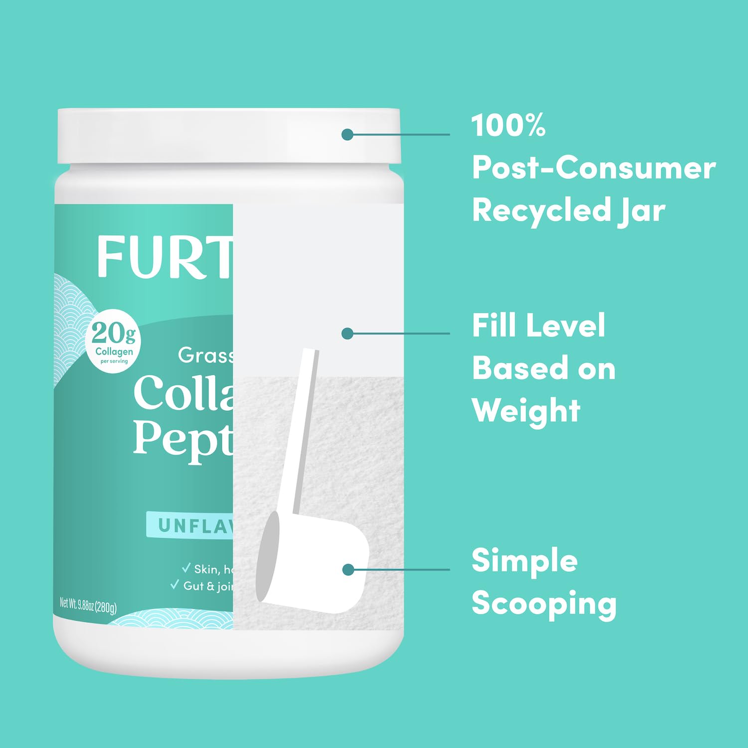 Further Food Unflavored Collagen Peptides Powder – 100% Grass-Fed, Hydrolyzed Type 1 & 3, 20g per Serving, 1.5 lb