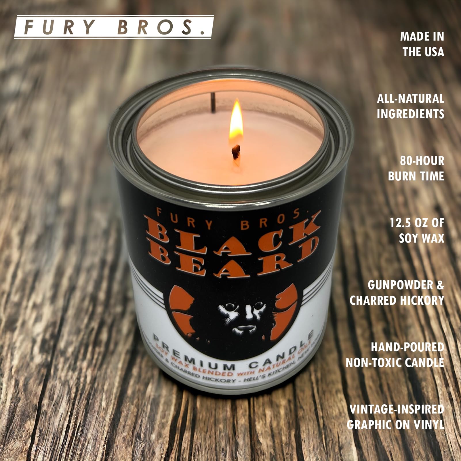 Fury Bros. Black Beard Candle for Men – Gunpowder & Charred Hickory, 12.5 oz Tin
