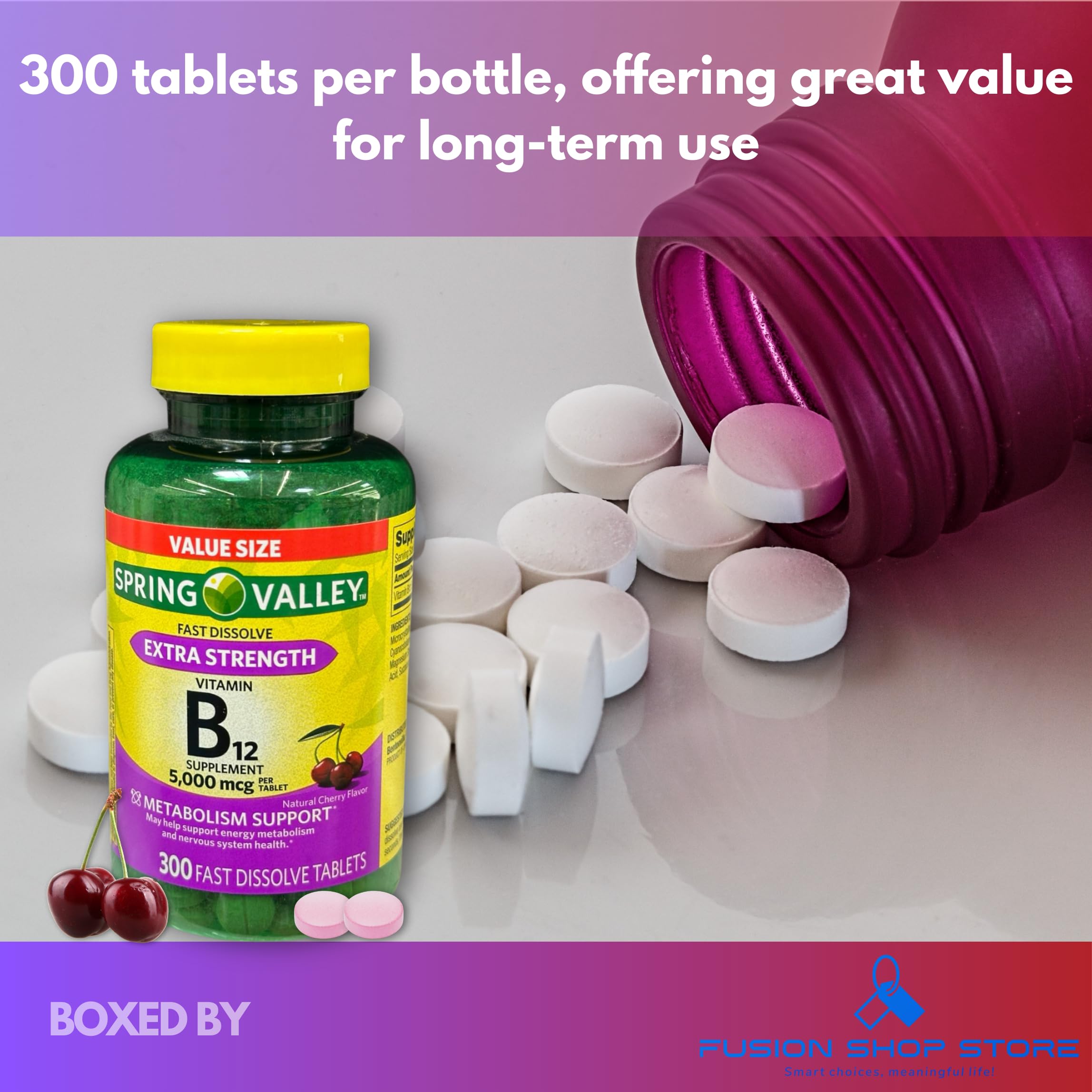 Fusion Shop Store B12 5000mcg Methylcobalamin Fast-Dissolve Tablets – Cherry Flavor, 300 ct