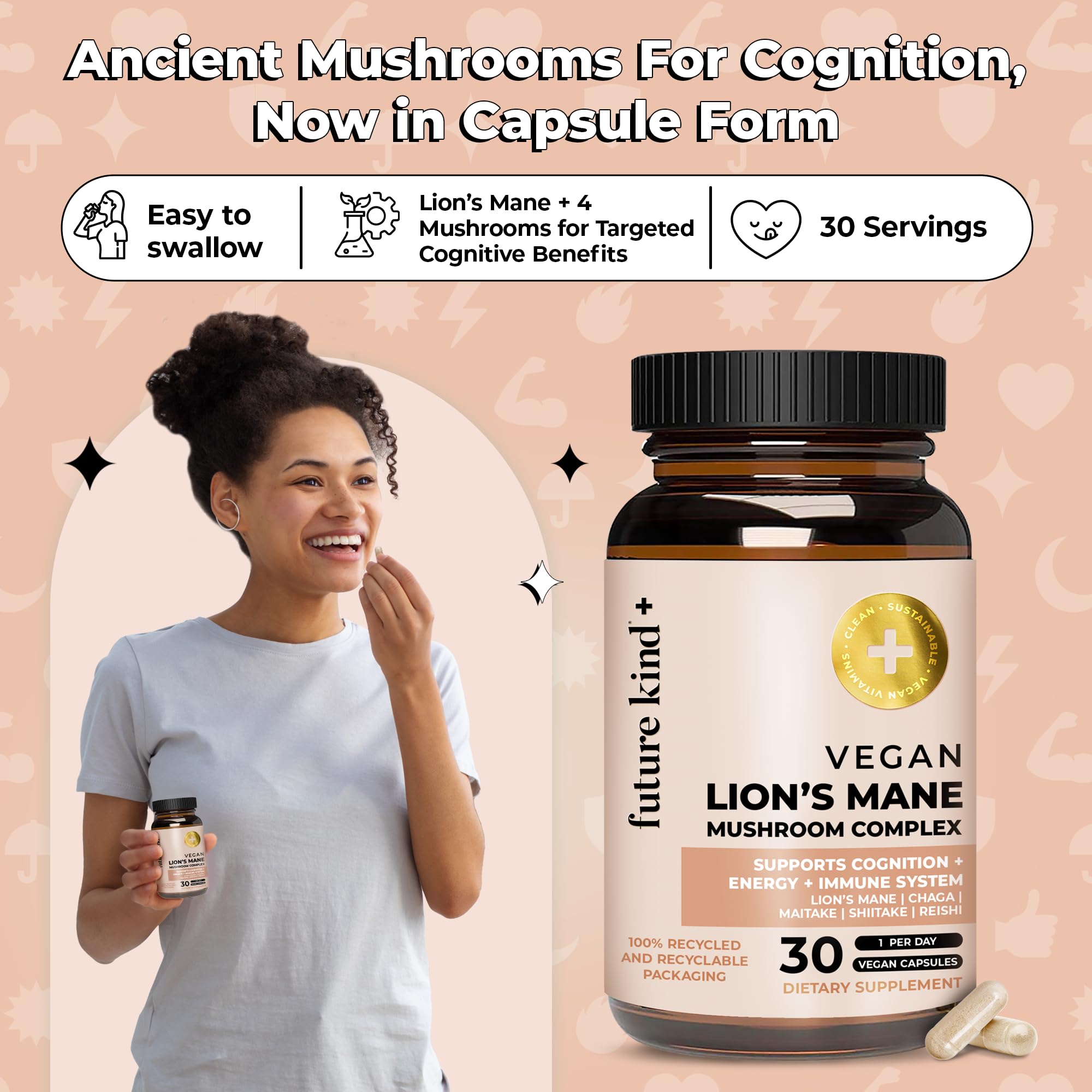 Future Kind Vegan Lion’s Mane Mushroom Complex – Brain Support with Chaga, Reishi, Maitake & Shiitake (30ct) | Memory & Focus