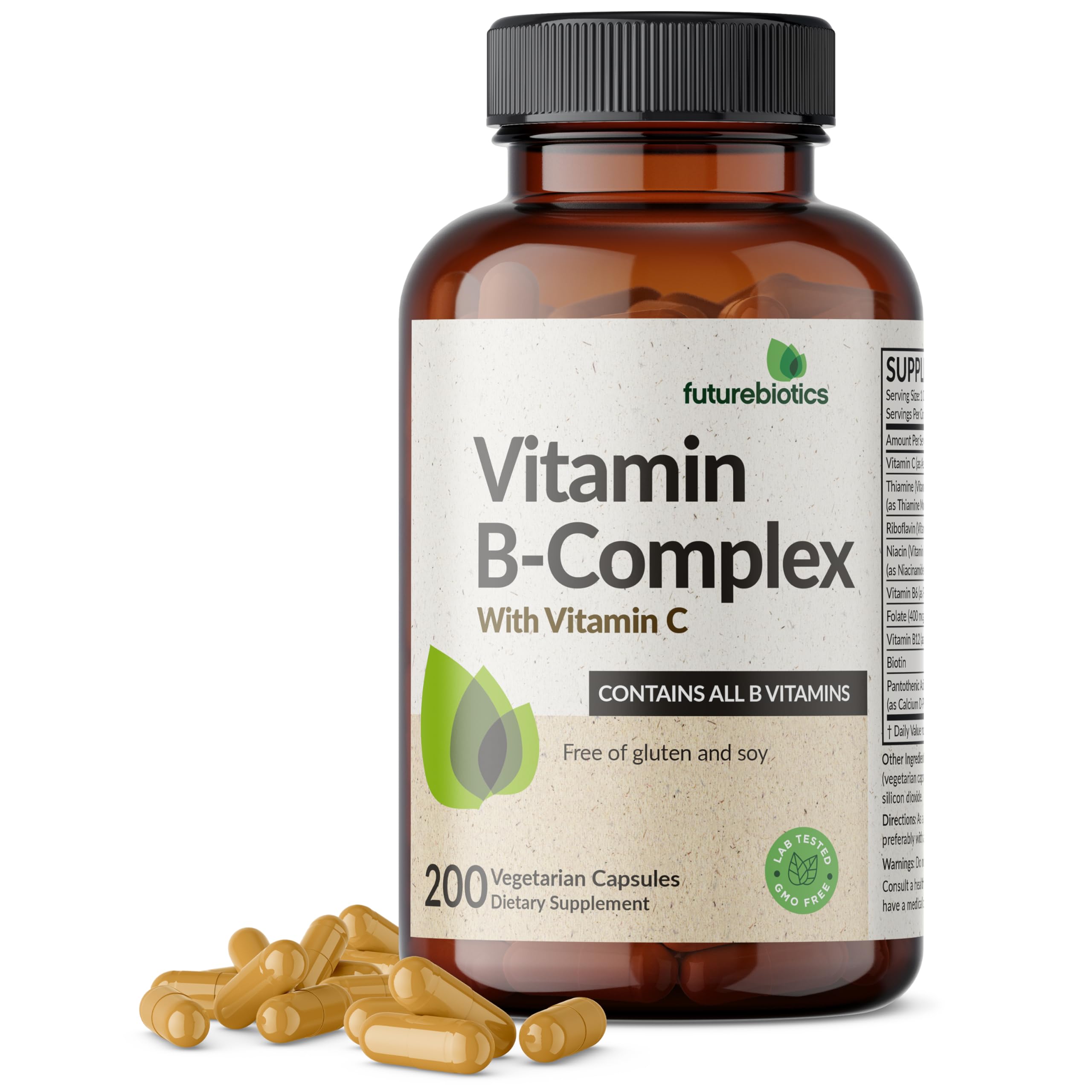 Futurebiotics Vitamin B Complex with Vitamin C - Non-GMO, 200 Veg Capsules | Energy & Immune Support