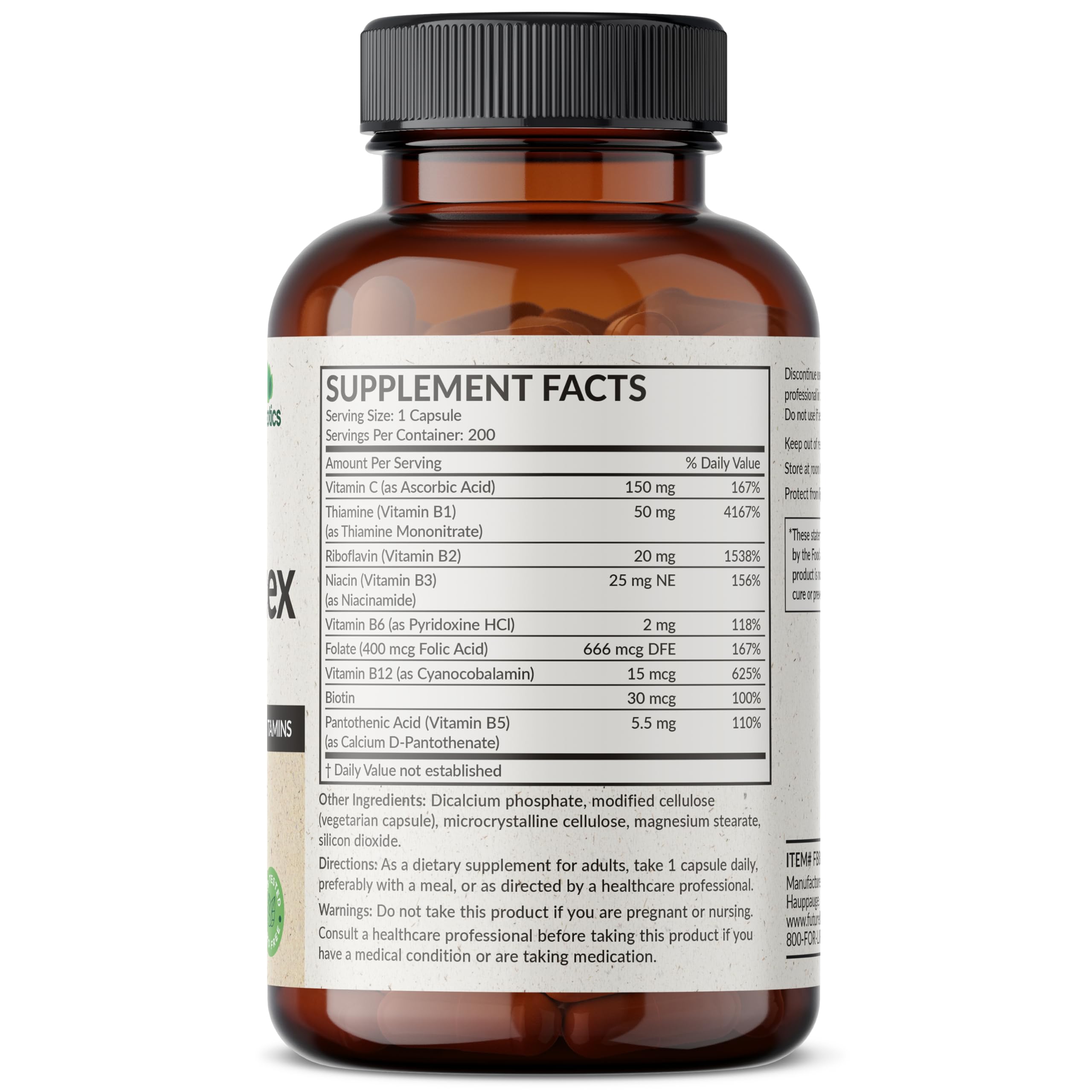Futurebiotics Vitamin B Complex with Vitamin C - Non-GMO, 200 Veg Capsules | Energy & Immune Support