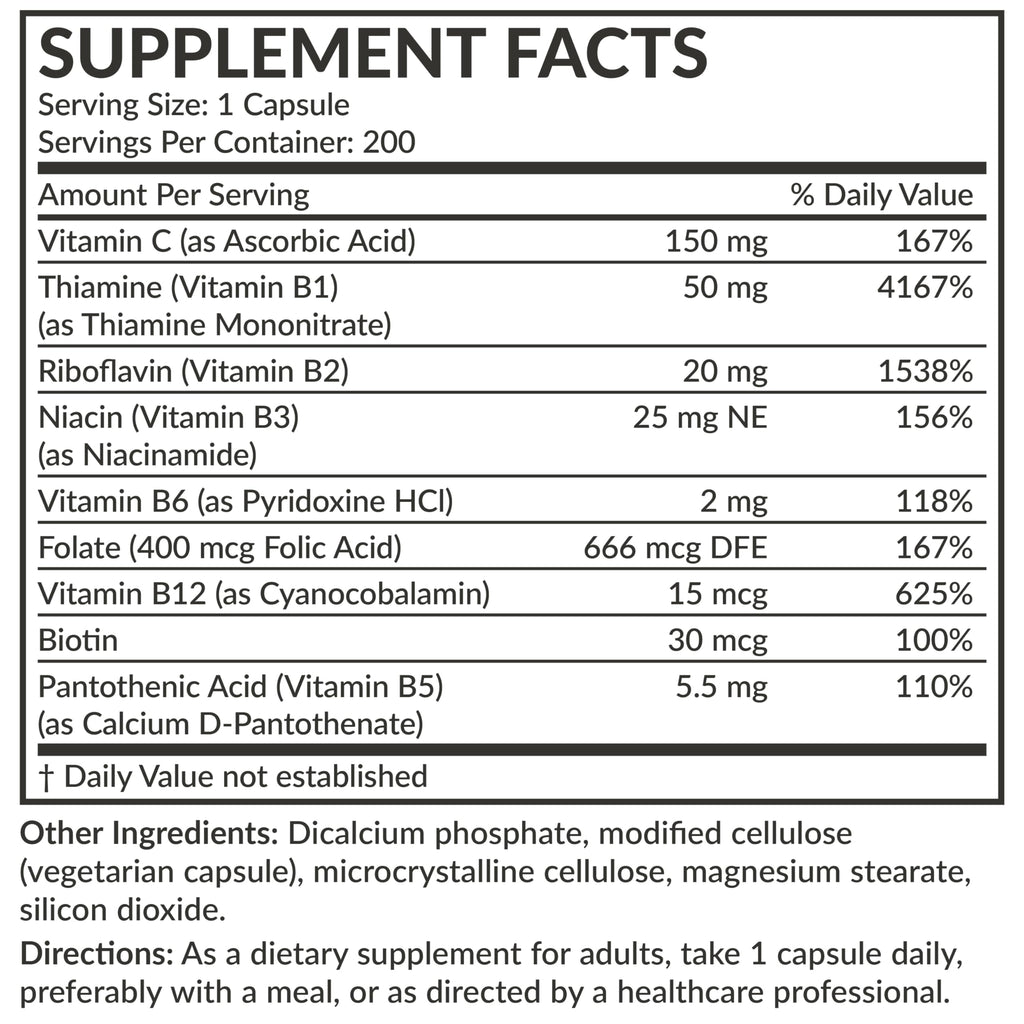 Futurebiotics Vitamin B Complex with Vitamin C - Non-GMO, 200 Veg Capsules | Energy & Immune Support