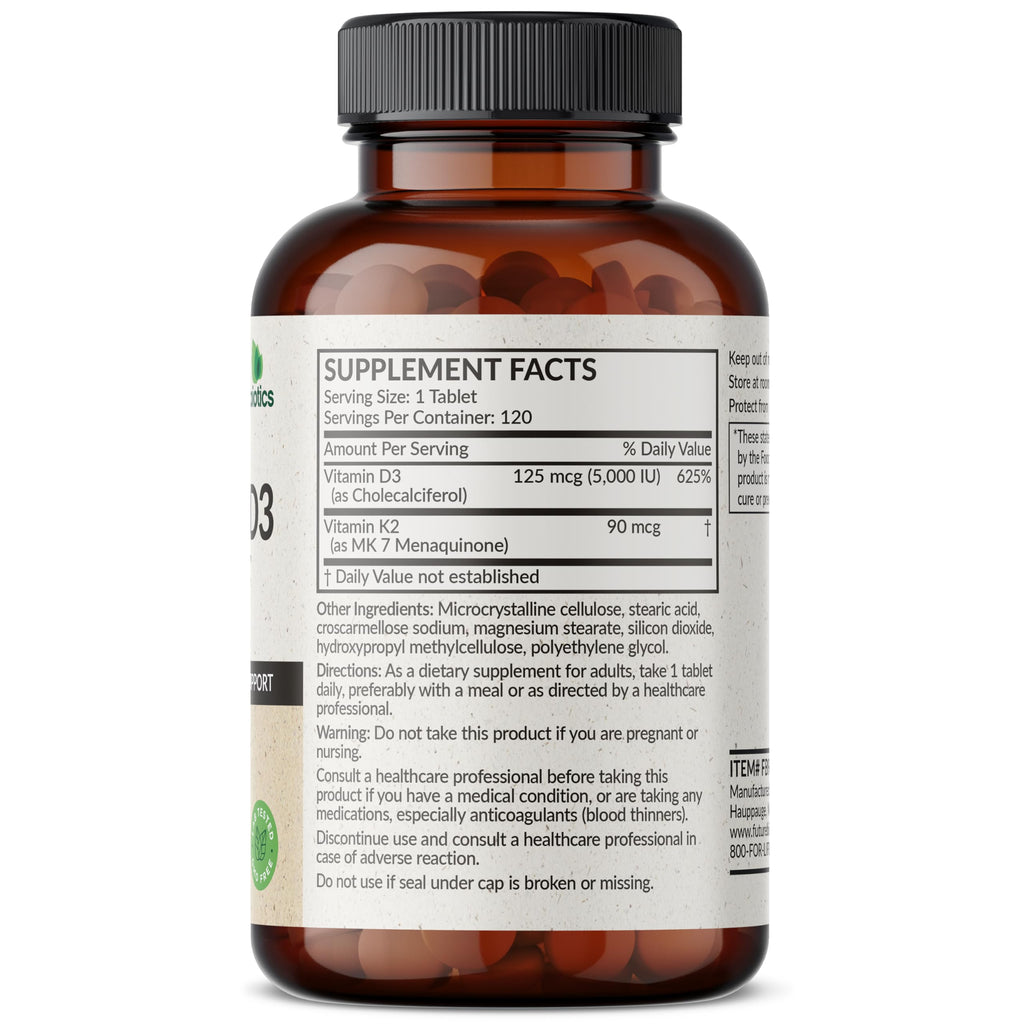 Futurebiotics Vitamin K2 with D3 - 2-in-1 Formula, 5000 IU D3 & 90 mcg K2 MK-7, Non-GMO, 120 Tablets