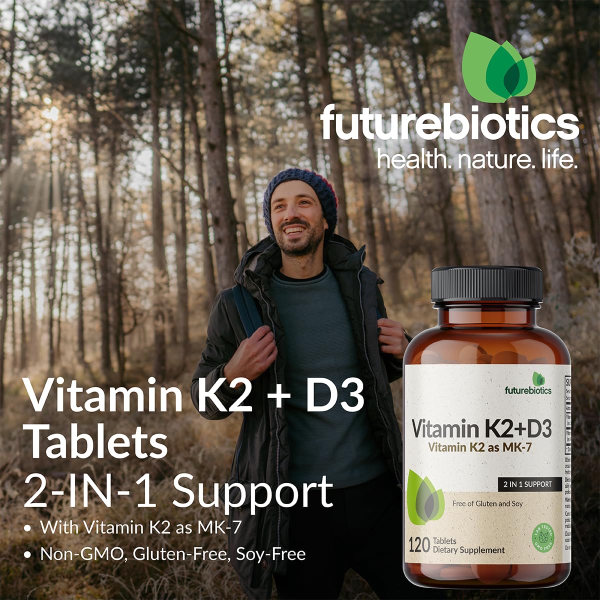 Futurebiotics Vitamin K2 with D3 - 2-in-1 Formula, 5000 IU D3 & 90 mcg K2 MK-7, Non-GMO, 120 Tablets