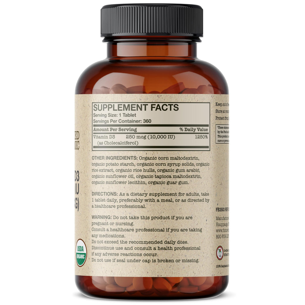 Futurebiotics Vitamin D3 10,000 IU Organic - 360 Tablets - Immune & Bone Support