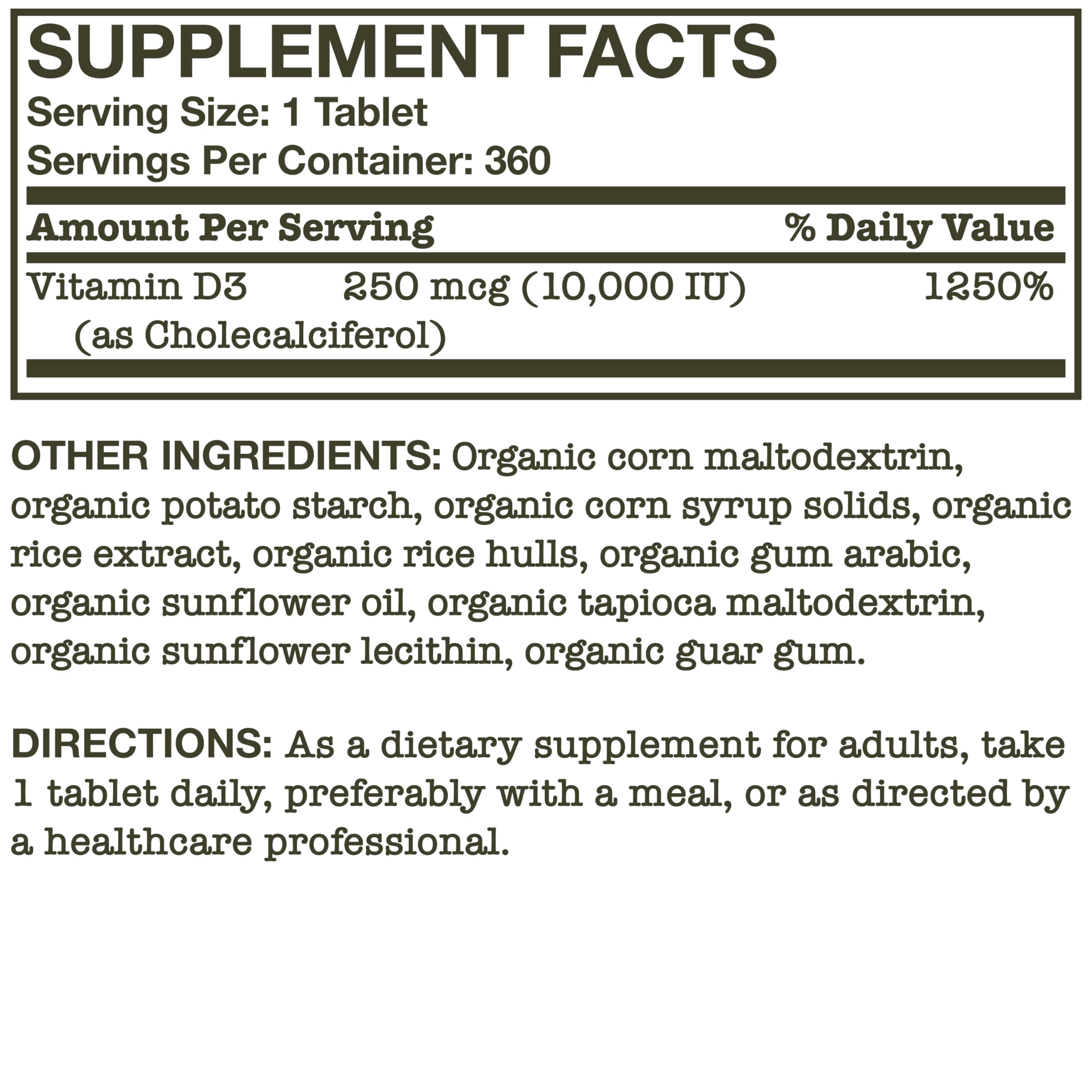 Futurebiotics Vitamin D3 10,000 IU Organic - 360 Tablets - Immune & Bone Support