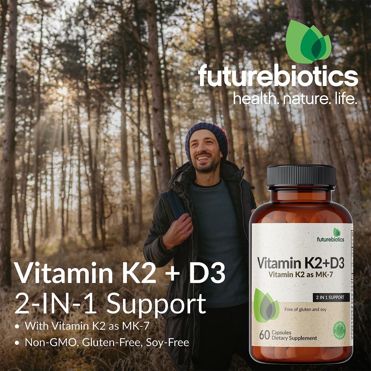 Futurebiotics Vitamin K2 MK-7 with D3 (5000 IU) - Non-GMO, 250 Veg Capsules