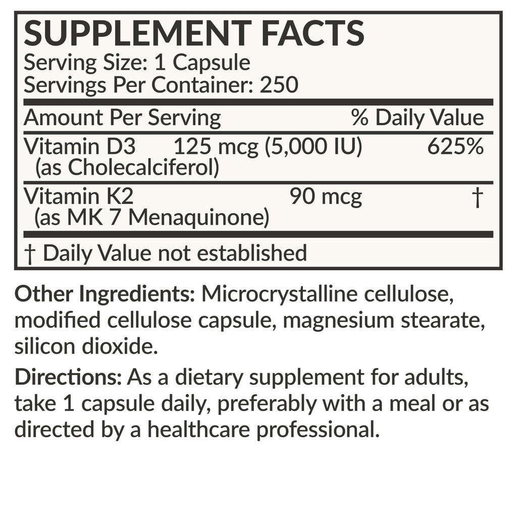 Futurebiotics Vitamin K2 MK-7 with D3 (5000 IU) - Non-GMO, 250 Veg Capsules
