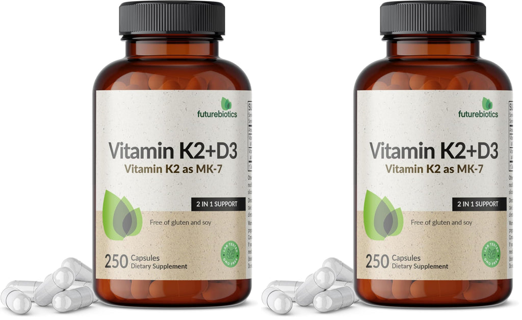 Futurebiotics Vitamin K2 (MK7) with D3 – Non-GMO, 5000 IU D3 & 90 mcg MK-7, 2-Pack (250 Veg Capsules per Bottle)