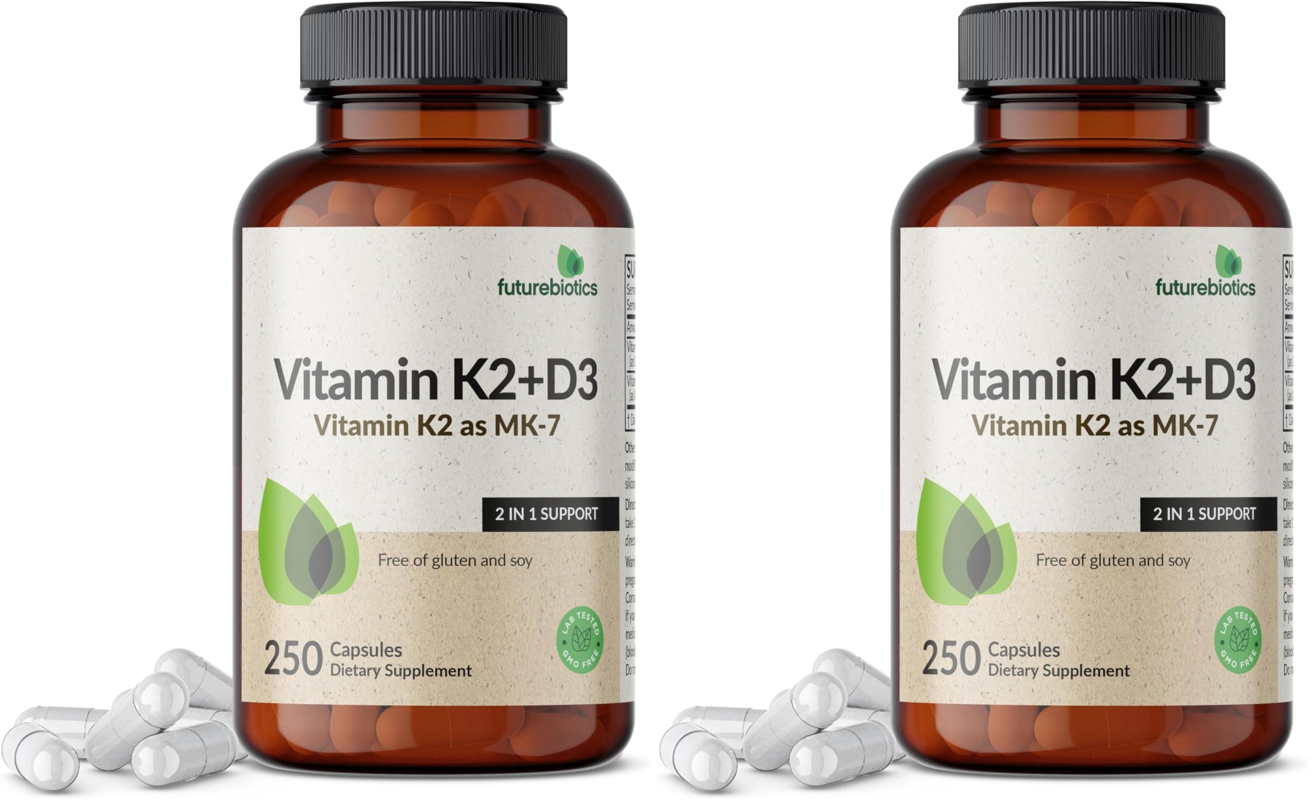 Futurebiotics Vitamin K2 (MK7) with D3 – Non-GMO, 5000 IU D3 & 90 mcg MK-7, 2-Pack (250 Veg Capsules per Bottle)
