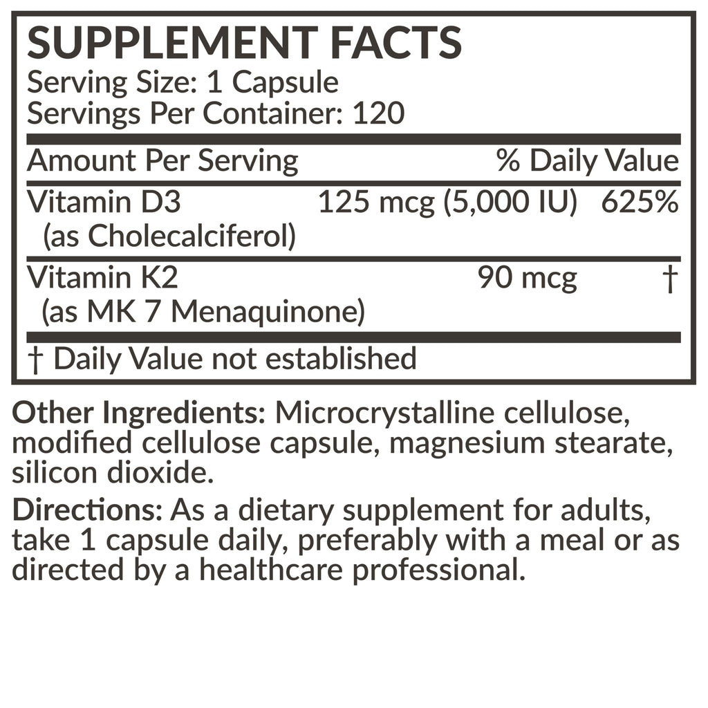 Futurebiotics Vitamin K2 MK-7 with D3 - Non-GMO, 5000 IU D3 & 90 mcg K2 MK-7, 120 Veggie Capsules