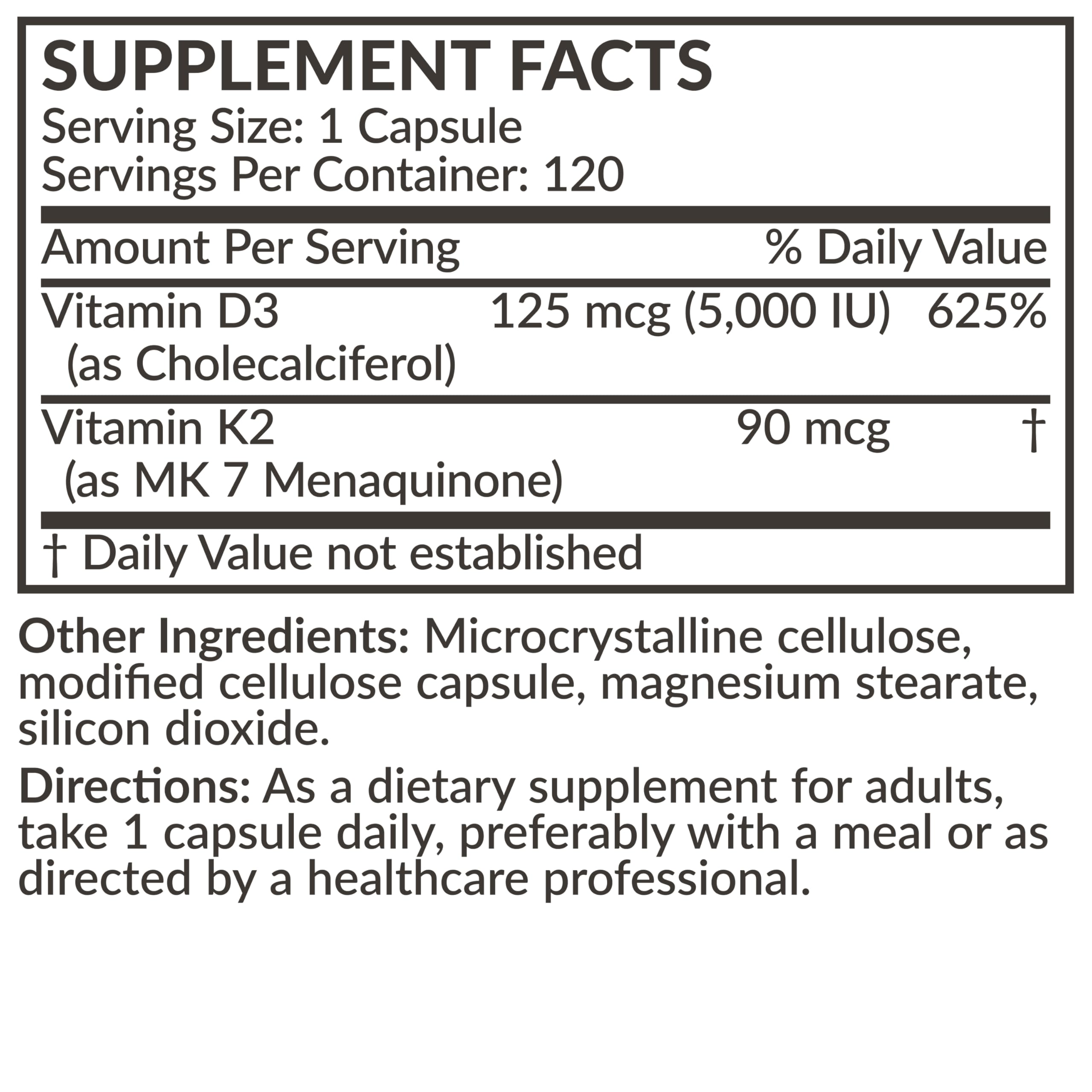 Futurebiotics Vitamin K2 MK-7 with D3 - Non-GMO, 5000 IU D3 & 90 mcg K2 MK-7, 120 Veggie Capsules