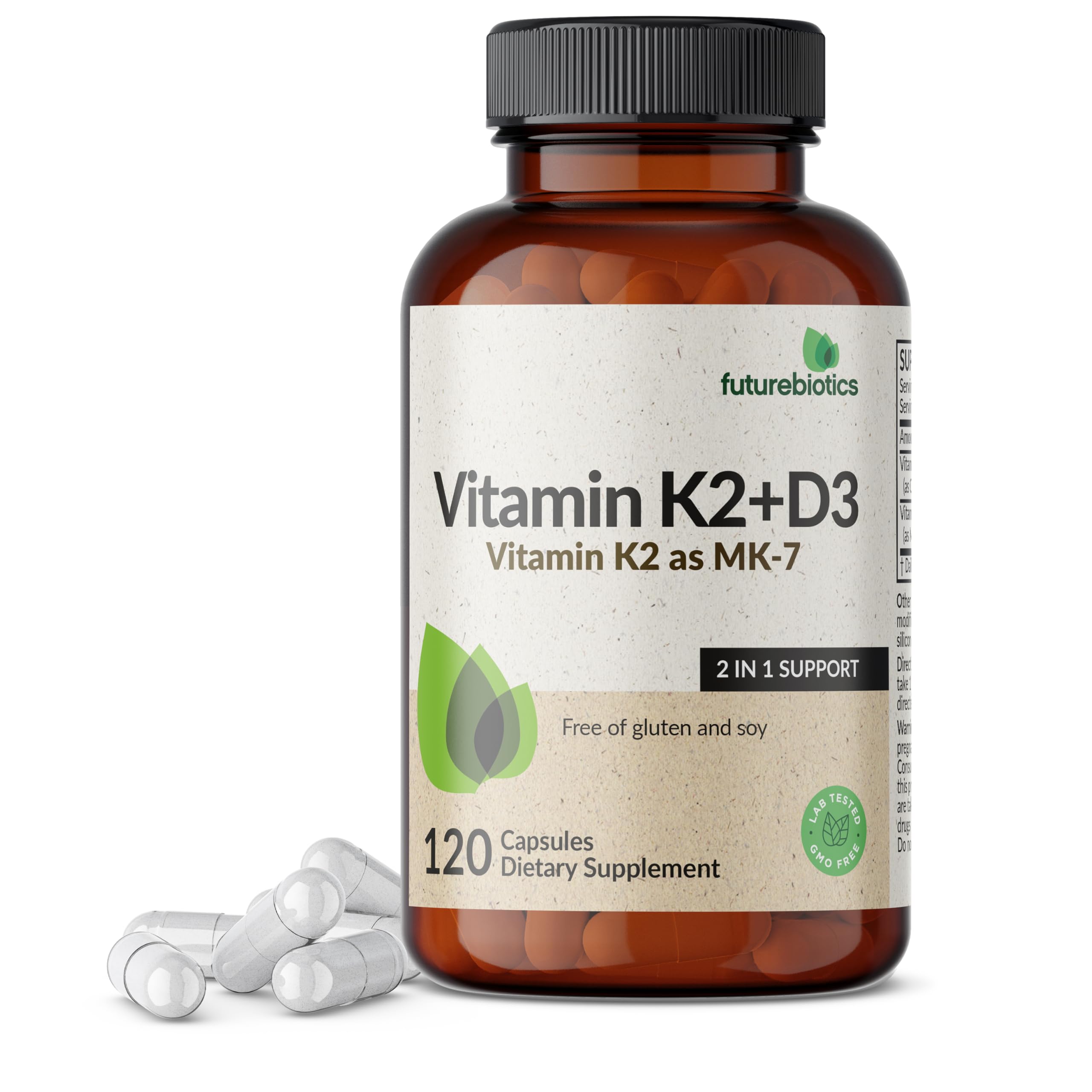 Futurebiotics Vitamin K2 MK-7 with D3 - Non-GMO, 5000 IU D3 & 90 mcg K2 MK-7, 120 Veggie Capsules