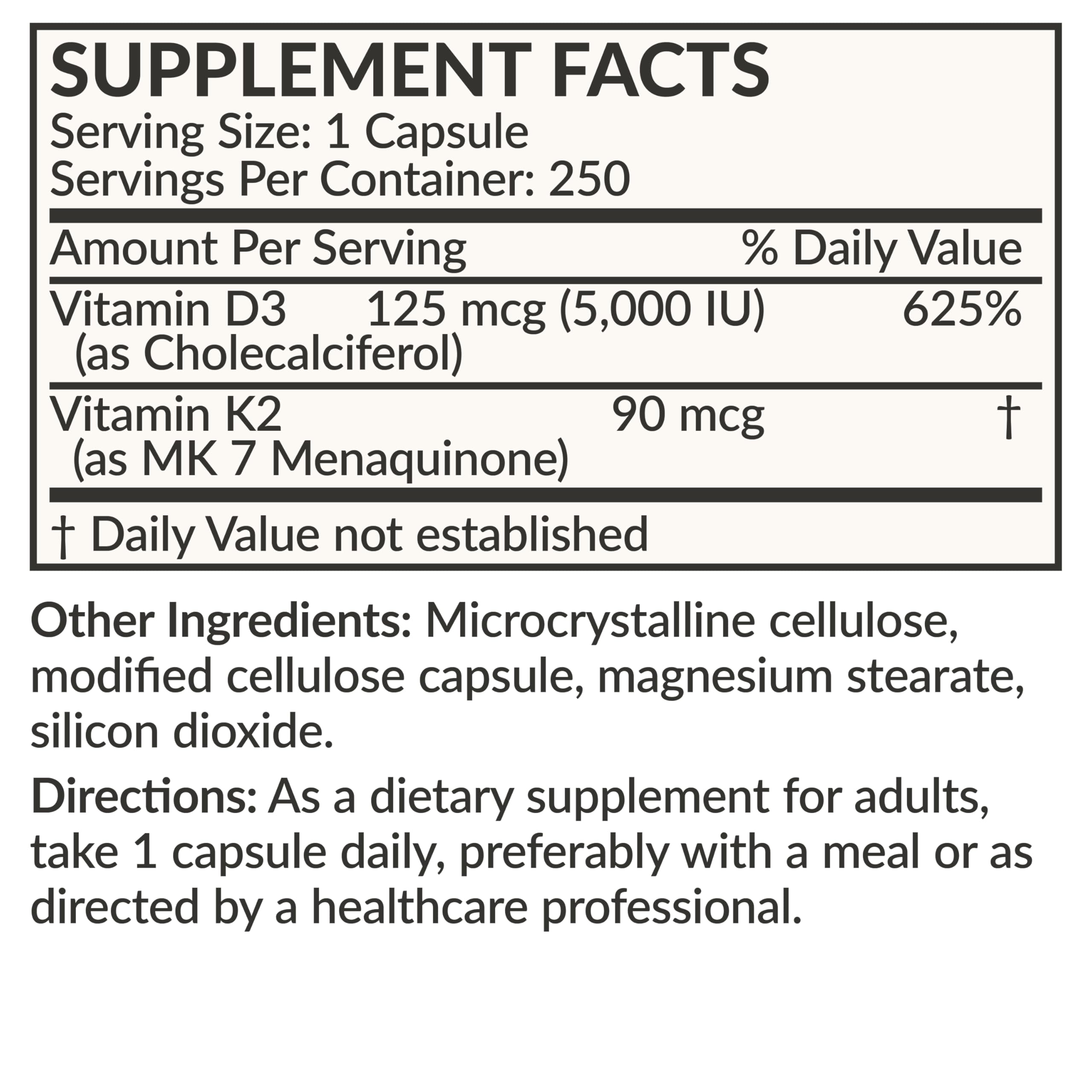 Futurebiotics Vitamin K2 (MK7) with D3 – Non-GMO, 5000 IU D3 & 90 mcg MK-7, 2-Pack (250 Veg Capsules per Bottle)