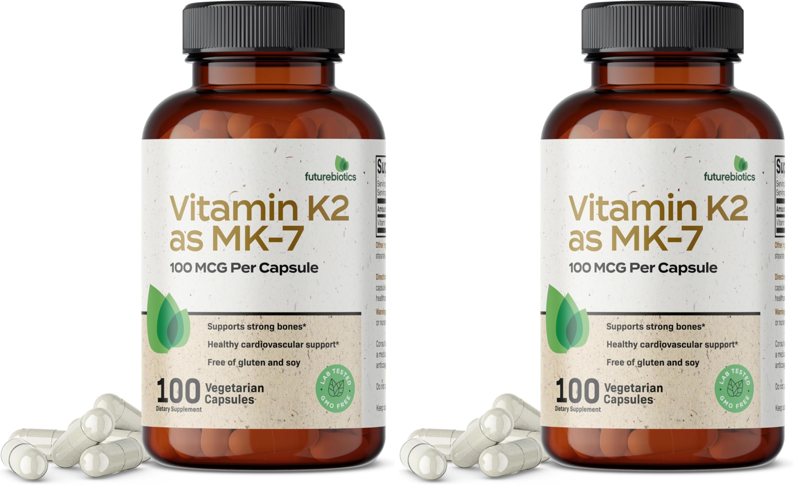 Futurebiotics Vitamin K2 as MK-7 100 mcg – Supports Strong Bones, Non-GMO, 100 Vegetarian Capsules (Pack of 2)