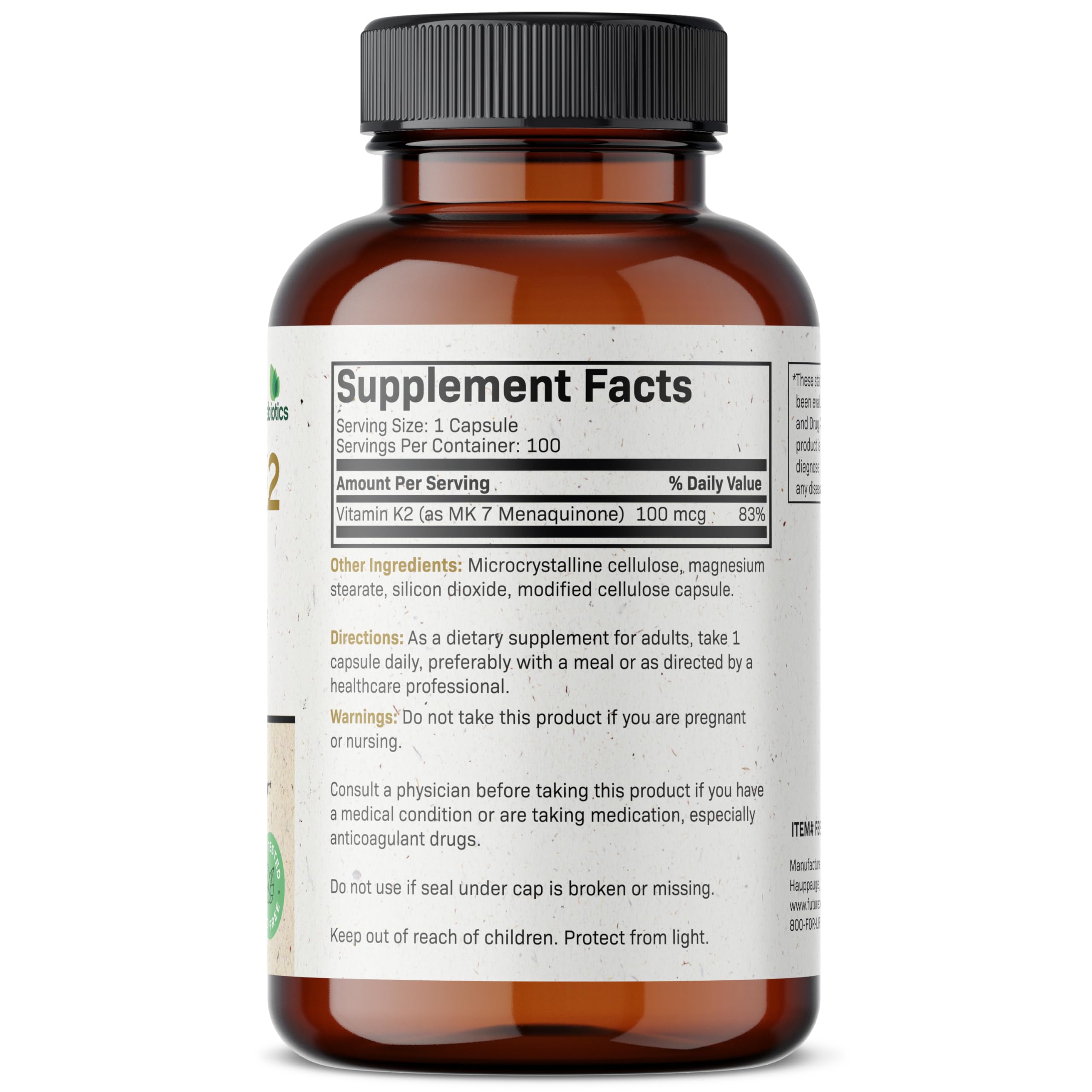 Futurebiotics Vitamin K2 as MK-7 100 mcg – Supports Strong Bones, Non-GMO, 100 Vegetarian Capsules (Pack of 2)