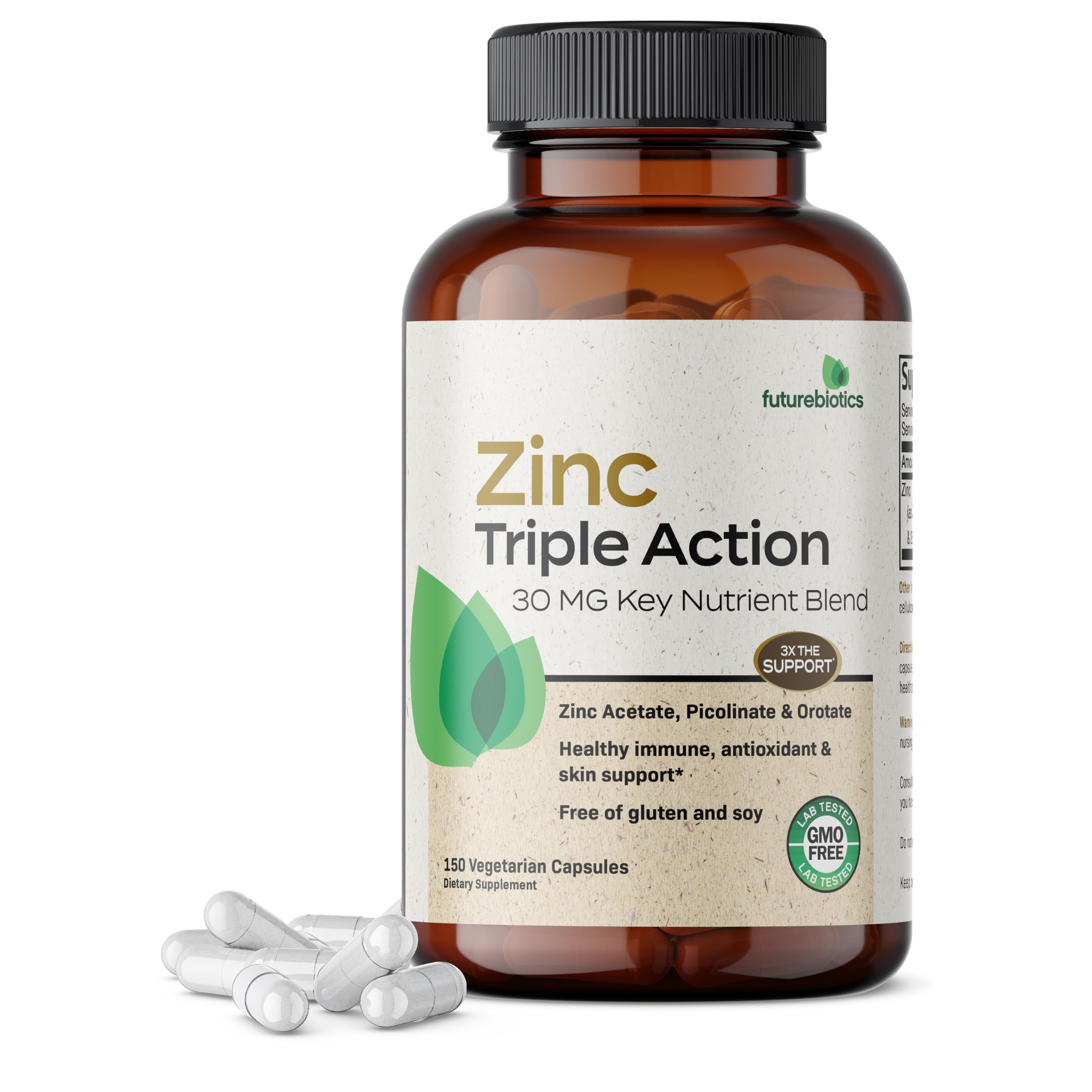 Futurebiotics Zinc Triple Action 30mg: Immune Support, Antioxidant & Skin Health - 150 Vegetarian Capsules