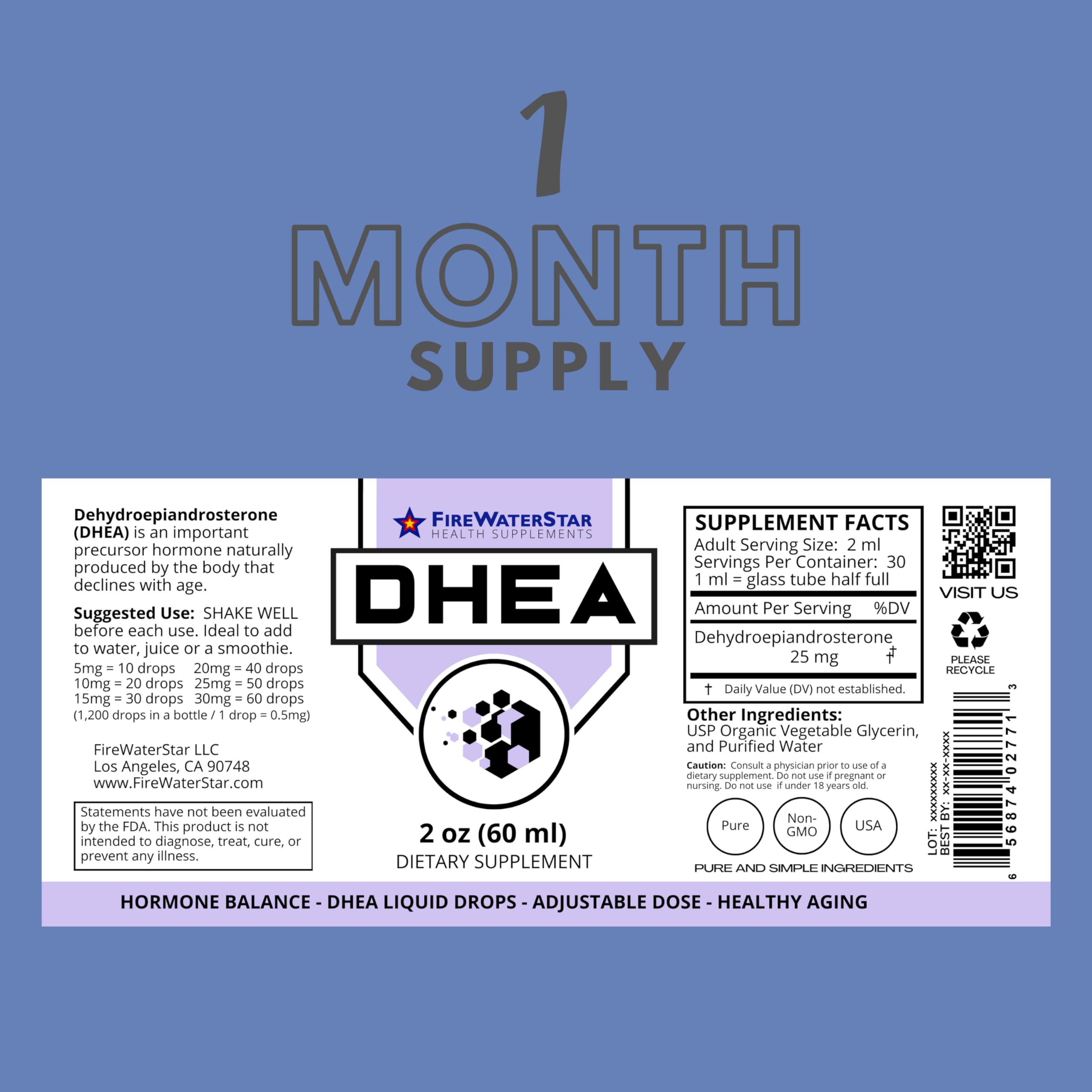 FWS DHEA Liquid Drops - Pure DHEA Supplement, Adjustable Dosing 5-50mg