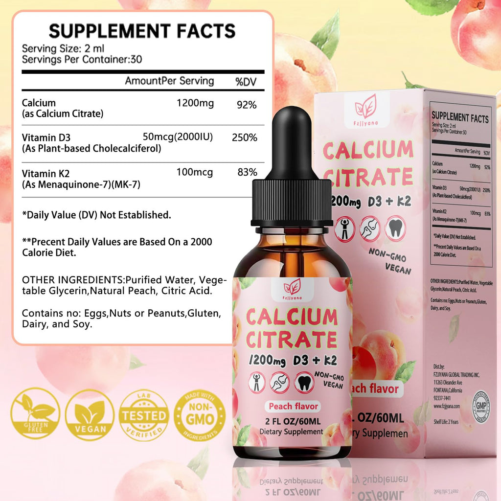 Fzjjyana Liquid Calcium Citrate Drops 1200 mg with Vitamin D3 & K2 – Peach Flavor, 2 oz, 30 Day Vegan Supply