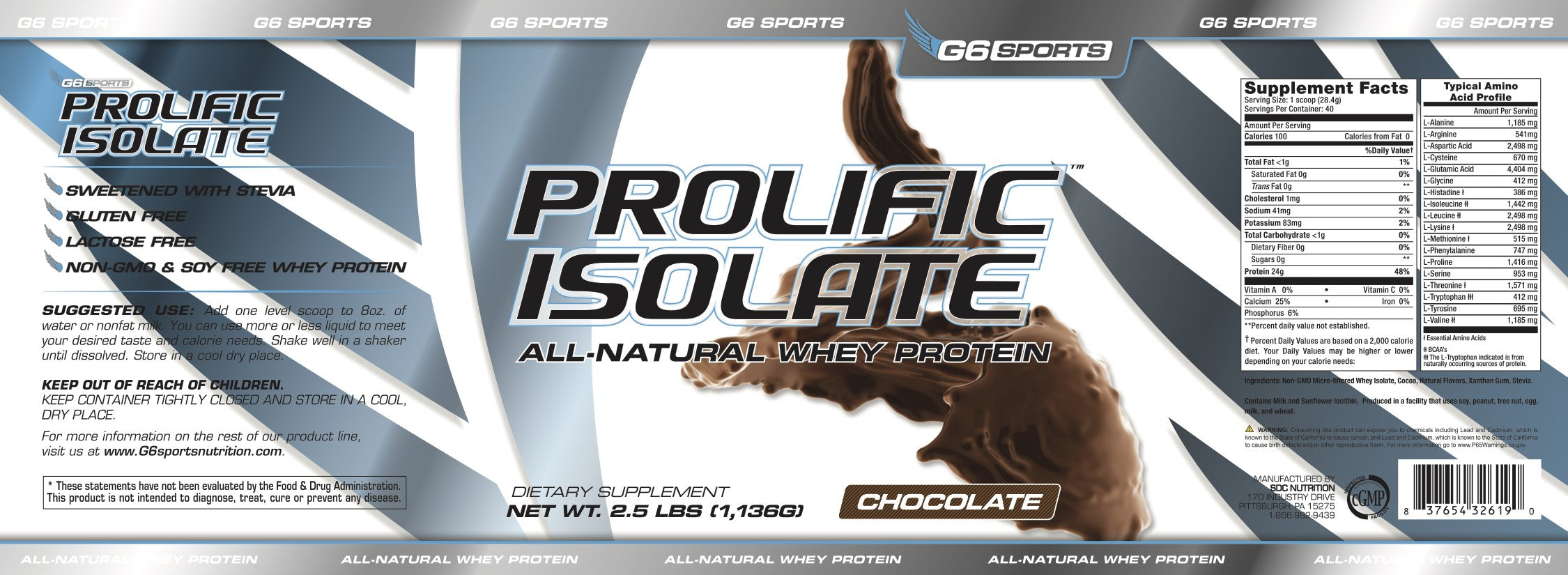 G6 Sports Prolific Isolate Whey Protein Powder – 25g Protein, 100 Calories, Gluten Free & Lactose Free, 2.5lb Jar, Chocolate