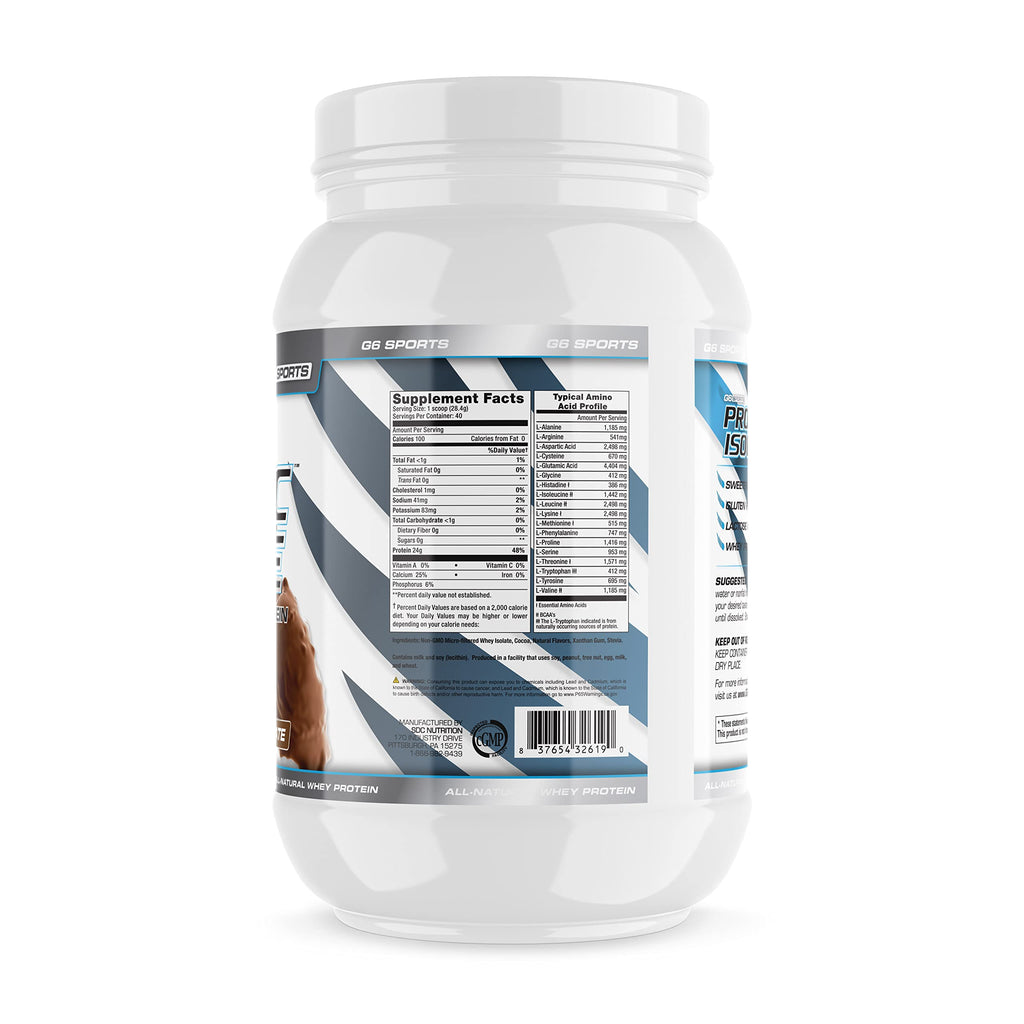 G6 Sports Prolific Isolate Whey Protein Powder – 25g Protein, 100 Calories, Gluten Free & Lactose Free, 2.5lb Jar, Chocolate