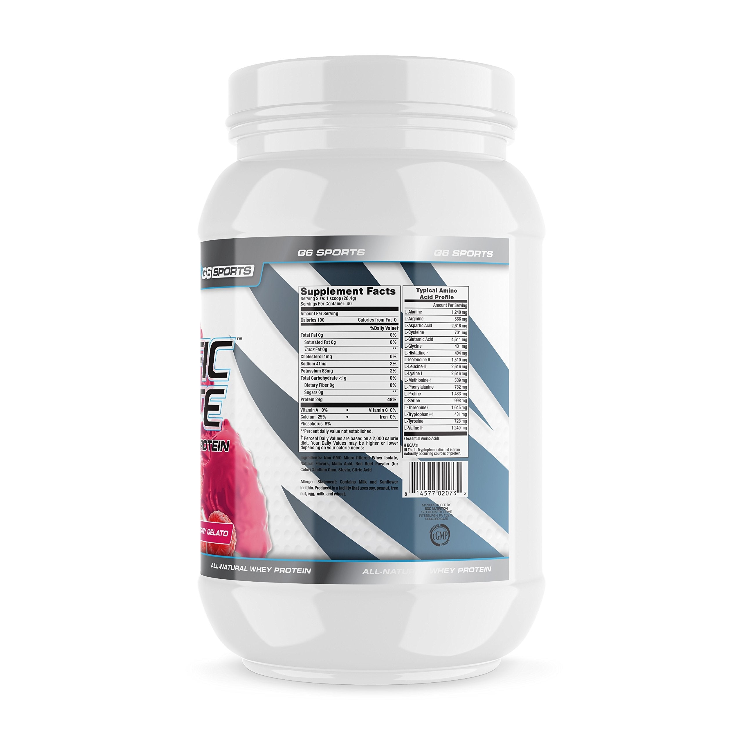 G6 Sports Prolific Isolate Whey Protein Powder – 25g Protein, 100 Calories, Gluten Free, Lactose Free, Soy Free, Stevia Sweetened, Raspberry Gelato – 2.5lb