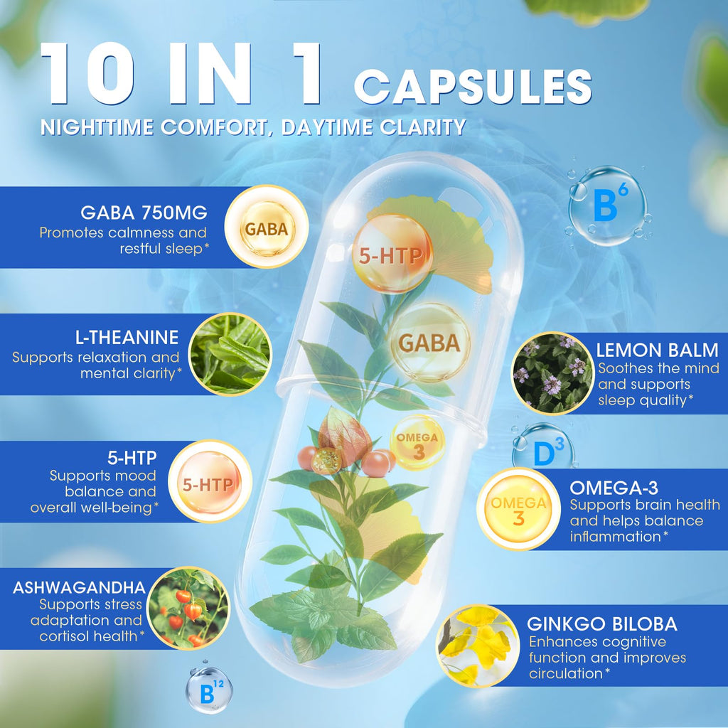GABA 750mg with L-Theanine – 10-in-1 Calm Capsules for Sleep & Mood (90ct)