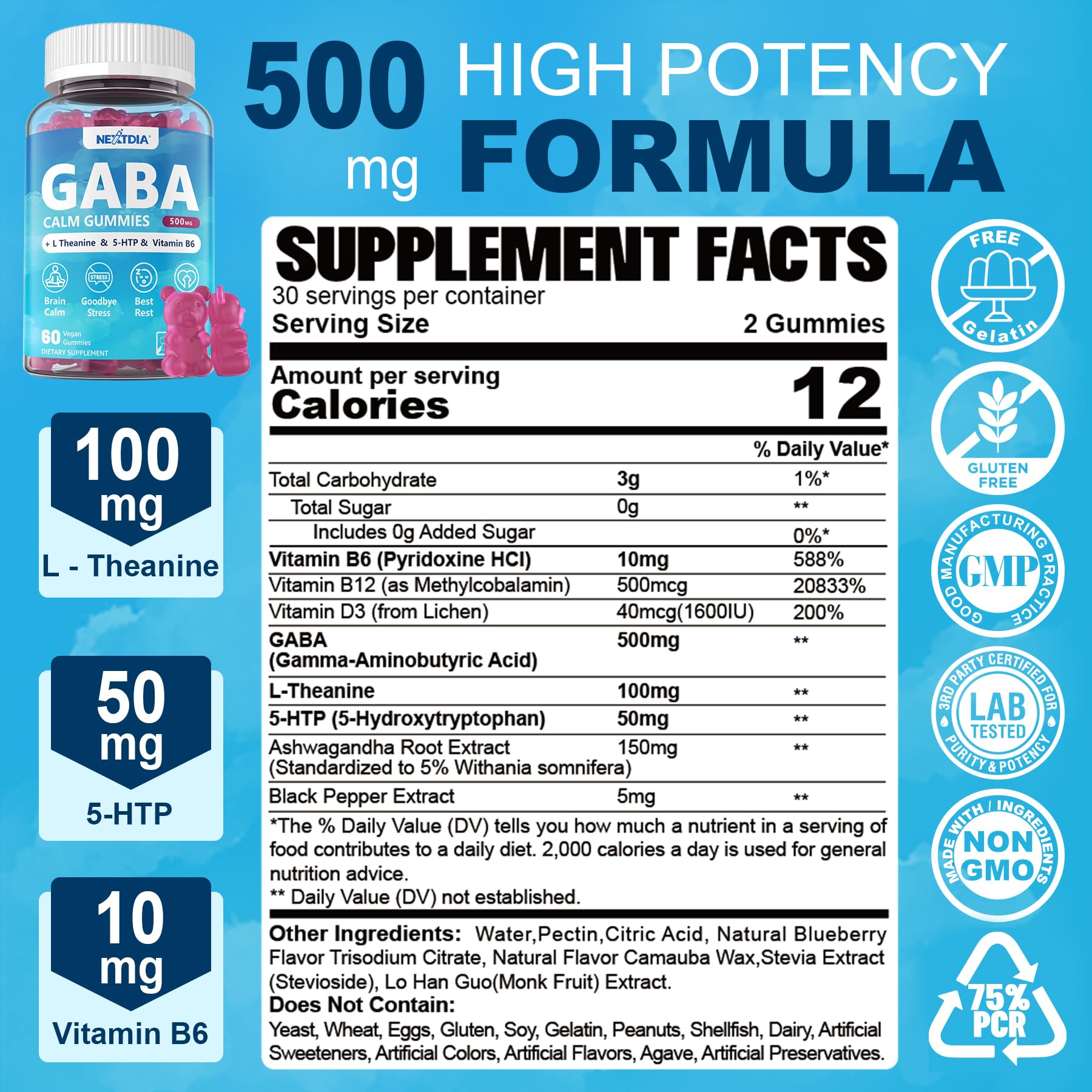 GABA Gummies 500 mg – Sugar-Free Calm Gummies with L-Theanine, 5-HTP, D3, B12 | Blueberry 1 Pack