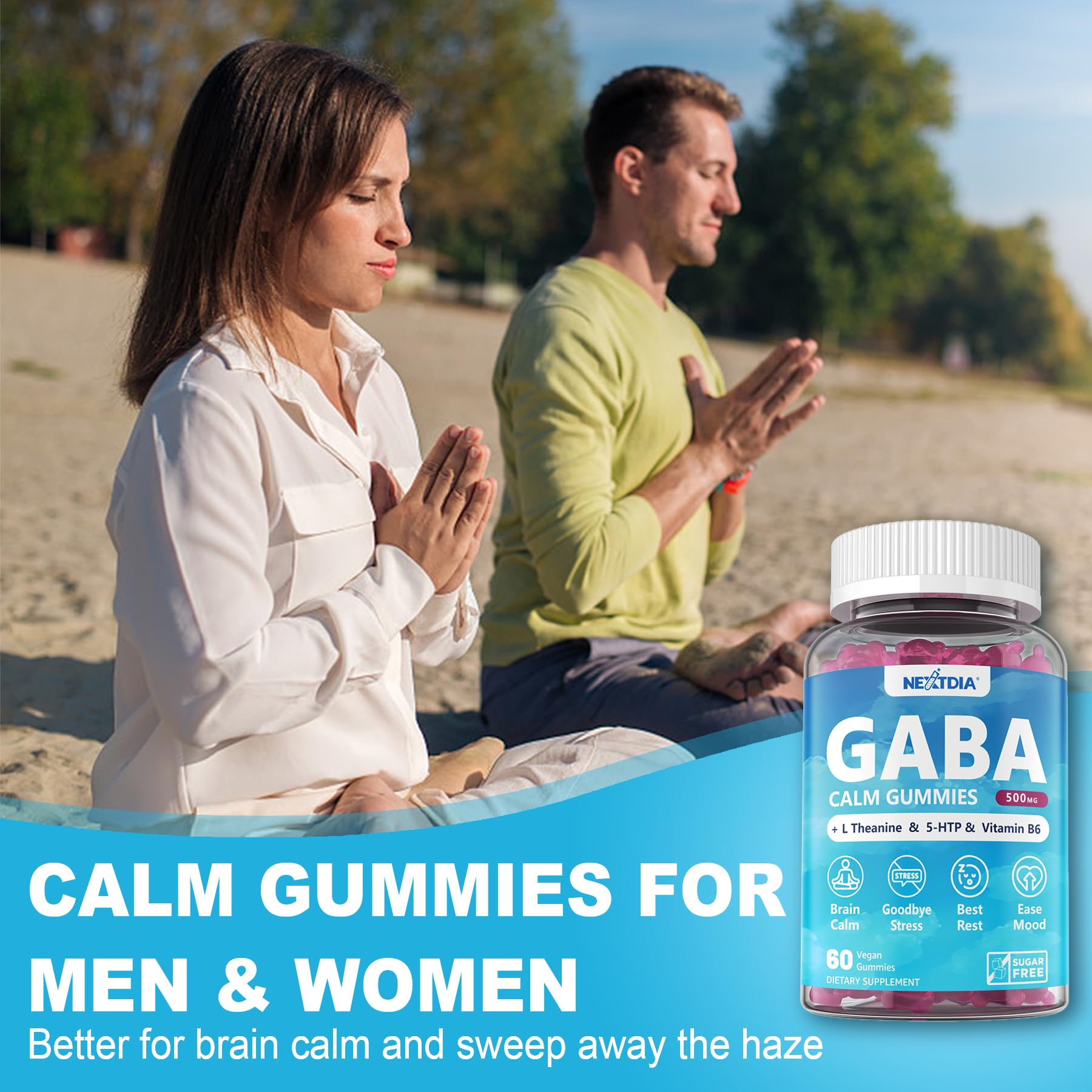 GABA Gummies 500 mg – Sugar-Free Calm Gummies with L-Theanine, 5-HTP, D3, B12 | Blueberry 1 Pack