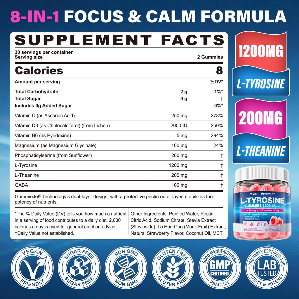 L Tyrosine Gummies 1200mg + GABA L-Theanine Calm & Focus – Vegan Brain Support