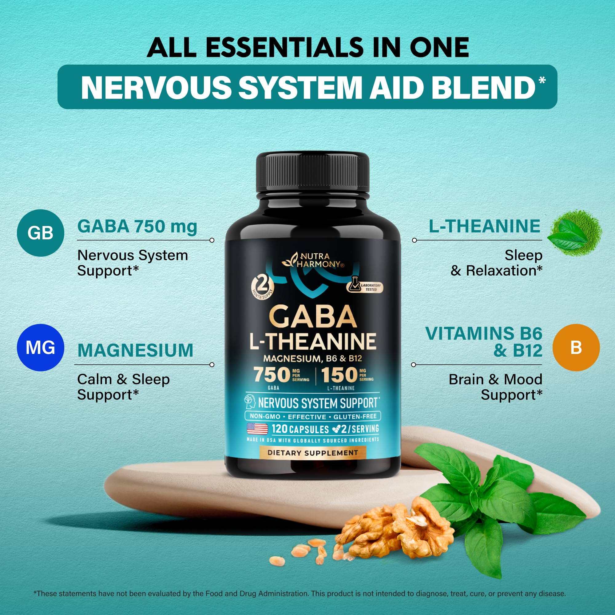 GABA 750mg + L-Theanine 150mg – Made in USA | Calm, Sleep & Mood Support (120 Vegan Capsules)