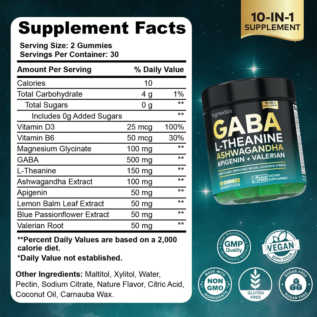 GABA L-Theanine Gummies - Sugar-Free Calm Gummies with Ashwagandha & Magnesium | Sleep & Stress Relief | Blueberry
