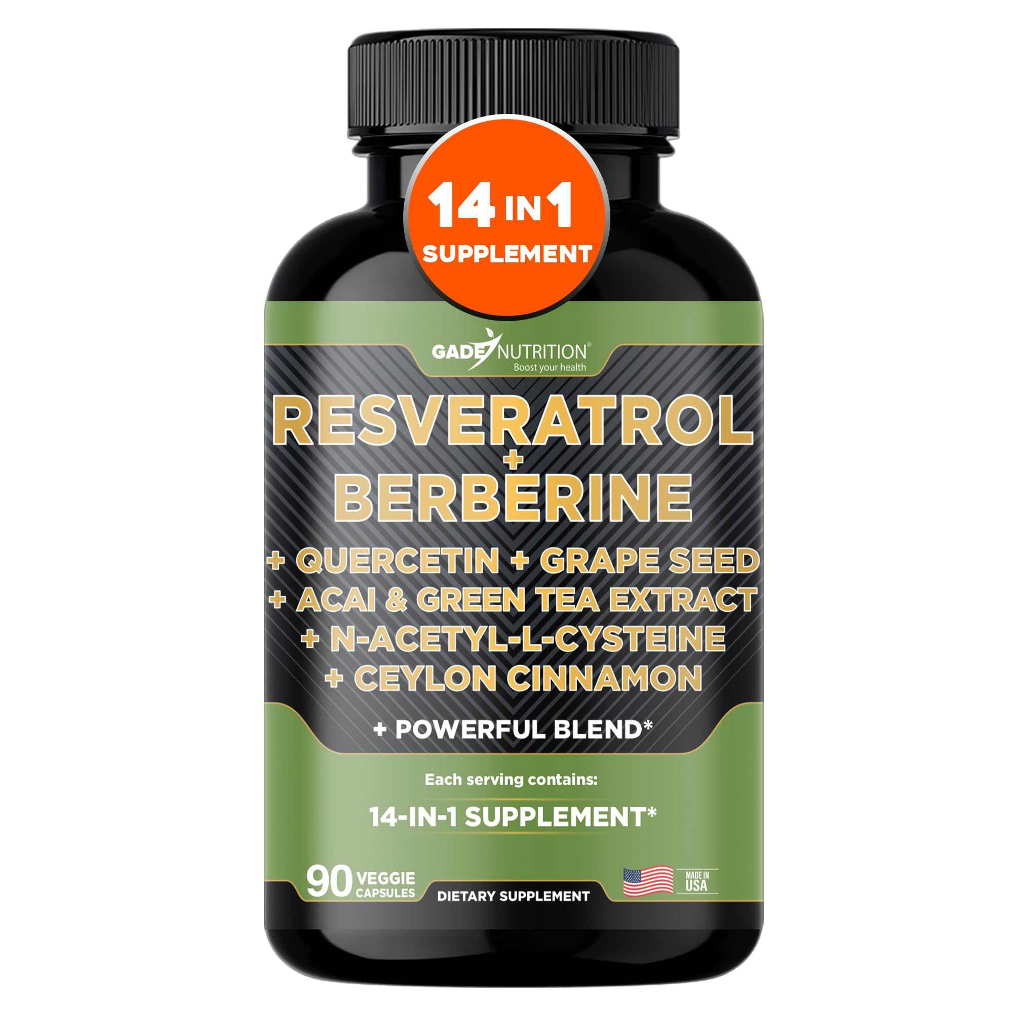 Gade Nutrition 14 in 1 Antioxidant Complex - Resveratrol, Berberine, Quercetin, Grape Seed, Green Tea, NAC, Cinnamon - Made in USA