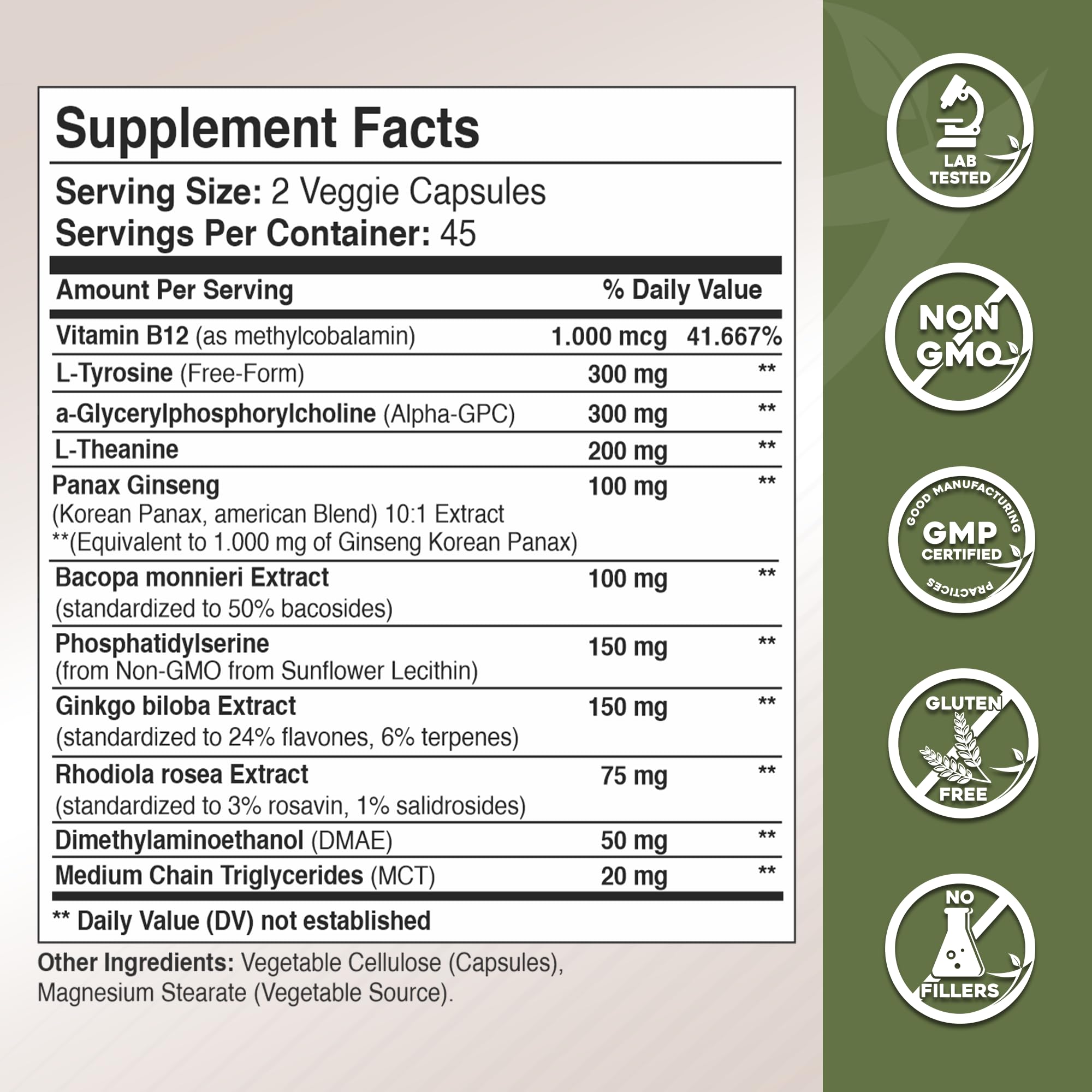 Gade Nutrition Alpha GPC + Ginkgo Biloba + Panax Ginseng + L-Tyrosine, L-Theanine, Bacopa Monnieri, Rhodiola Rosea, B12, MCT