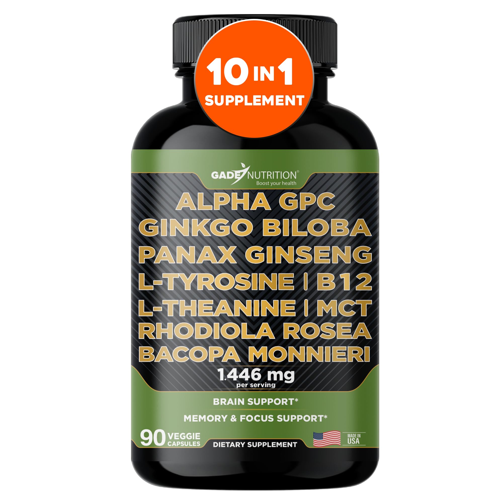 Gade Nutrition Alpha GPC + Ginkgo Biloba + Panax Ginseng + L-Tyrosine, L-Theanine, Bacopa Monnieri, Rhodiola Rosea, B12, MCT