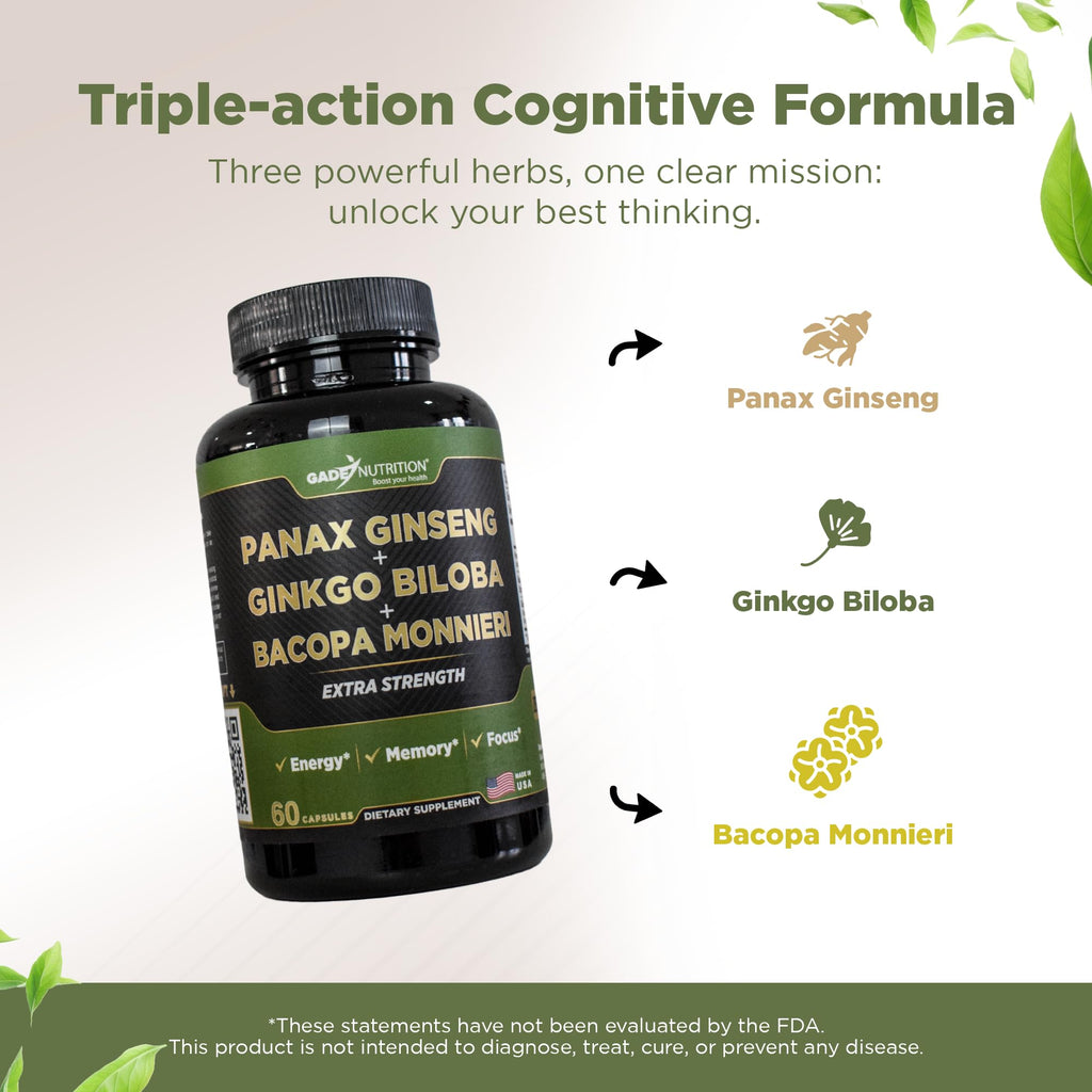 Gade Nutrition Ginkgo Biloba with Ginseng & Bacopa – Brain Memory & Focus Capsules