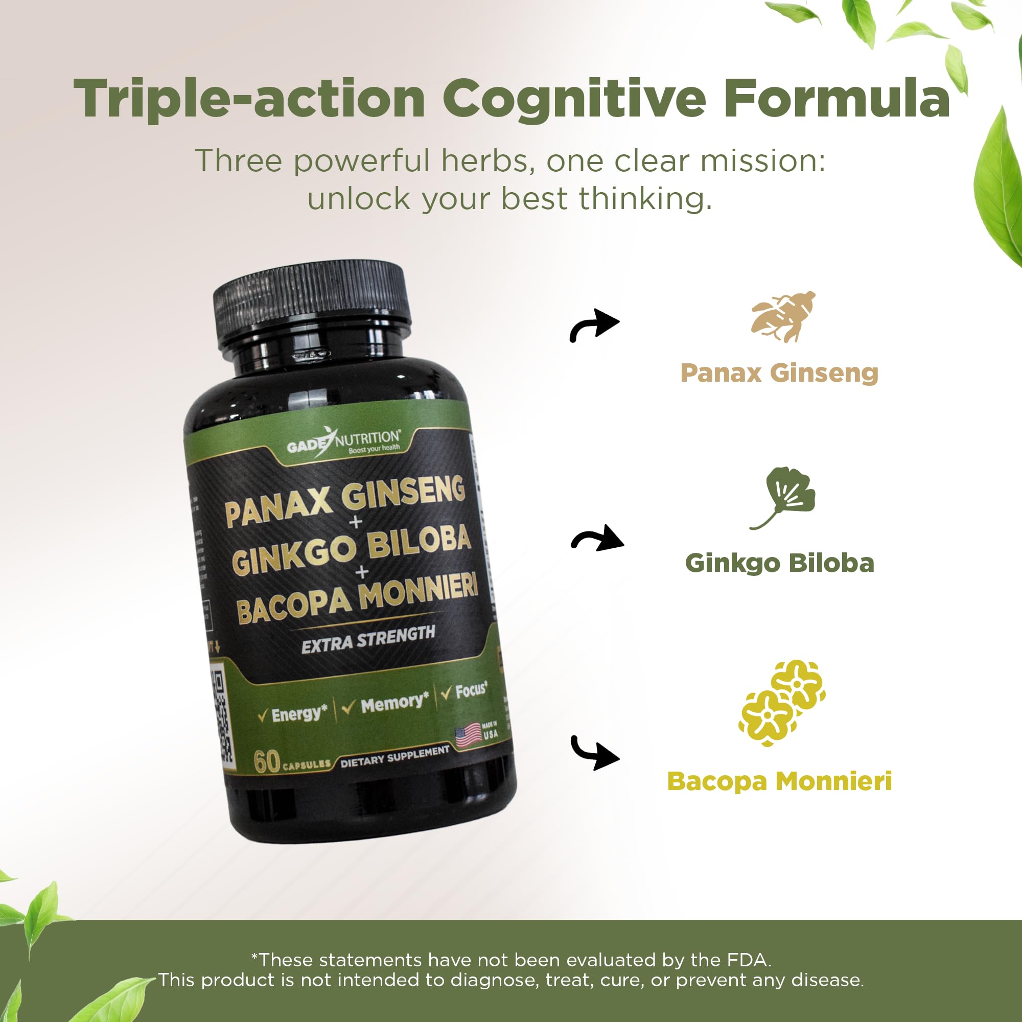 Gade Nutrition Ginkgo Biloba with Ginseng & Bacopa – Brain Memory & Focus Capsules
