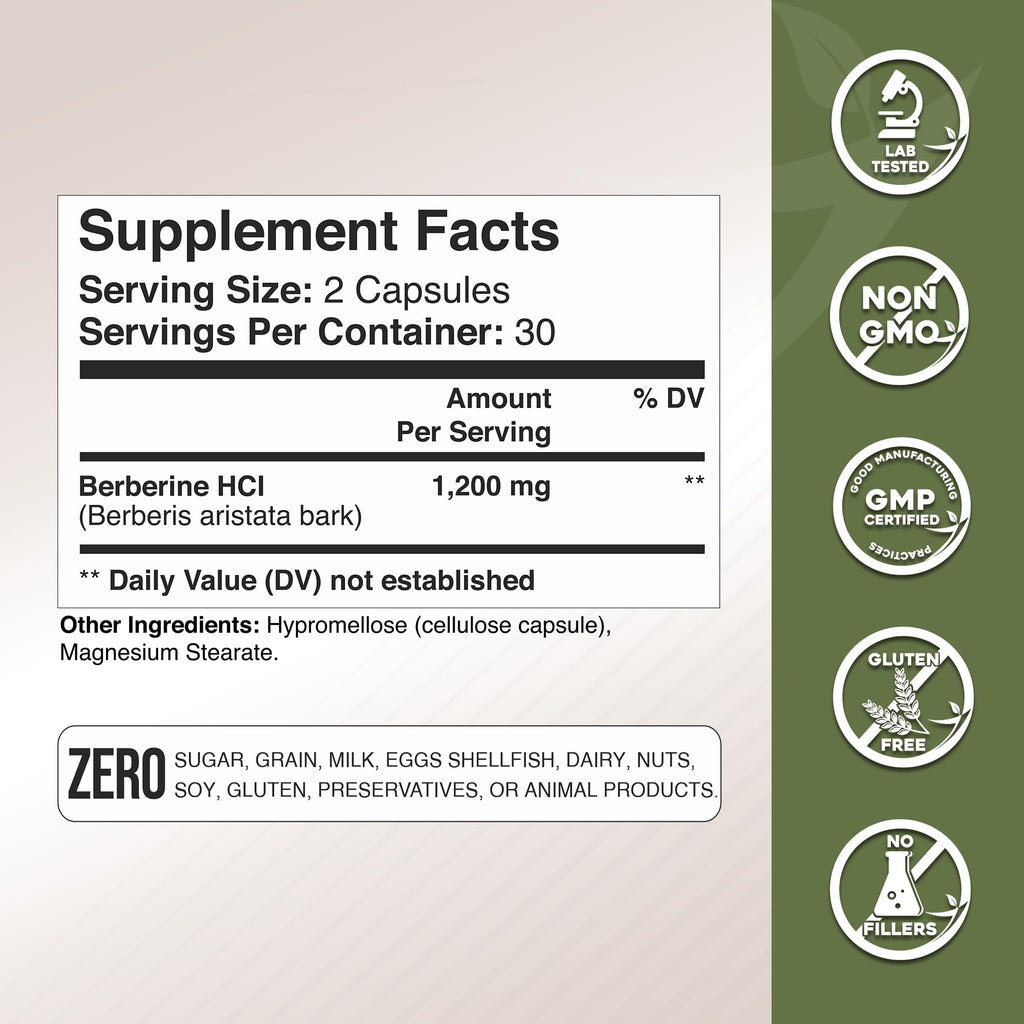 Gade Nutrition Berberine Supplement | Berberine HCl 1200 mg per Serving | Gluten Free, Non-GMO, Dairy Free | Made in USA