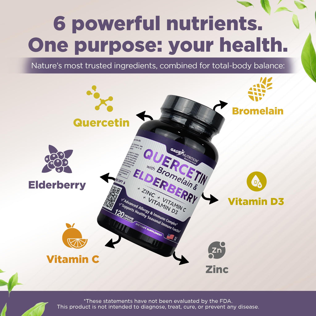 Gade Nutrition Quercetin with Bromelain, Vitamin C & Zinc, Vitamin D3, and Elderberry | Daily Immune Support Supplement - 4 Months Supply