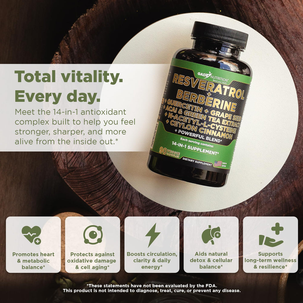 Gade Nutrition 14 in 1 Antioxidant Complex - Resveratrol, Berberine, Quercetin, Grape Seed, Green Tea, NAC, Cinnamon - Made in USA