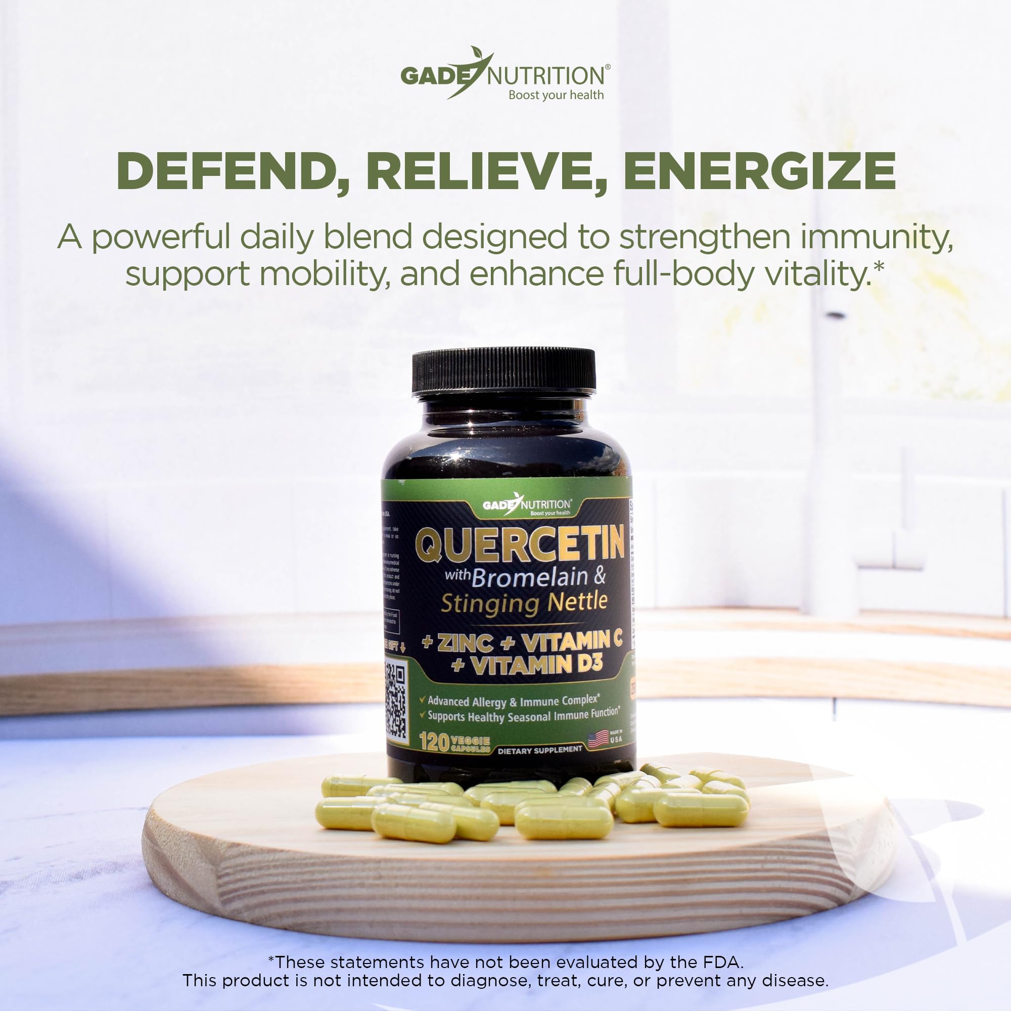 GADE NUTRITION Quercetin 500mg with Bromelain, Vitamin C, Zinc & Vitamin D3 – 120 Veggie Caps