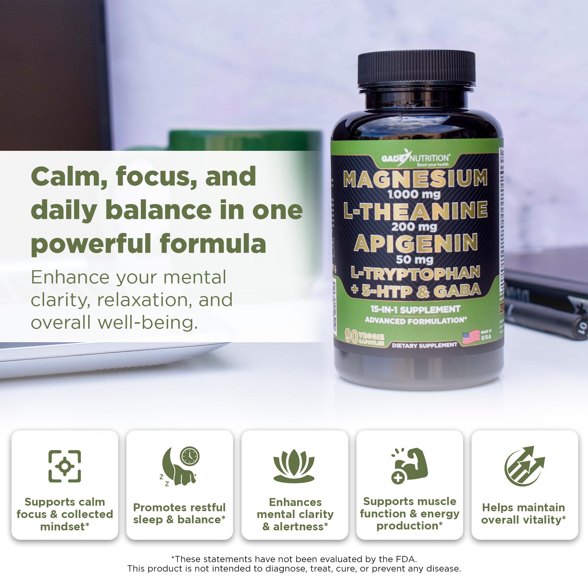 Gade Nutrition Magnesium Glycinate 1000 mg + L-Theanine, Apigenin, 5-HTP & GABA – Sleep Aid & Calm Brain Booster
