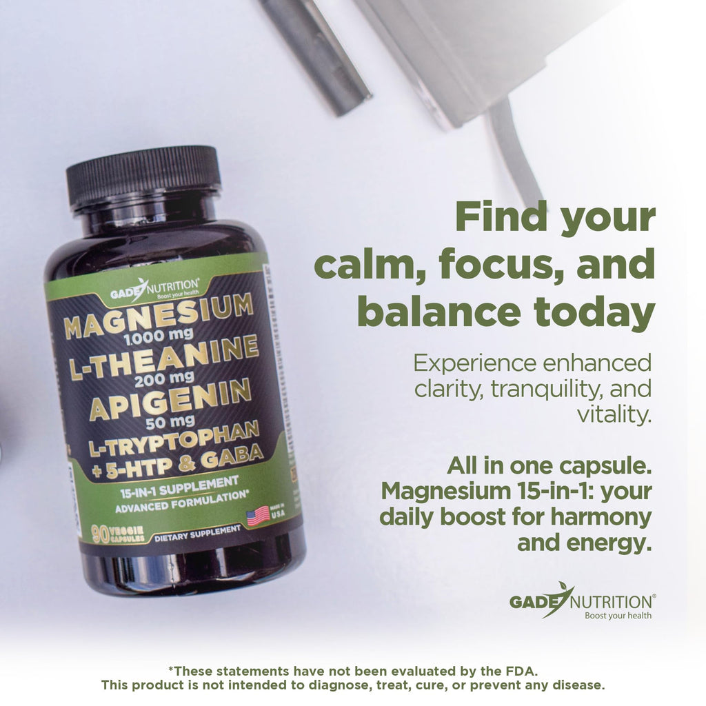 Gade Nutrition Magnesium Glycinate 1000 mg + L-Theanine, Apigenin, 5-HTP & GABA – Sleep Aid & Calm Brain Booster