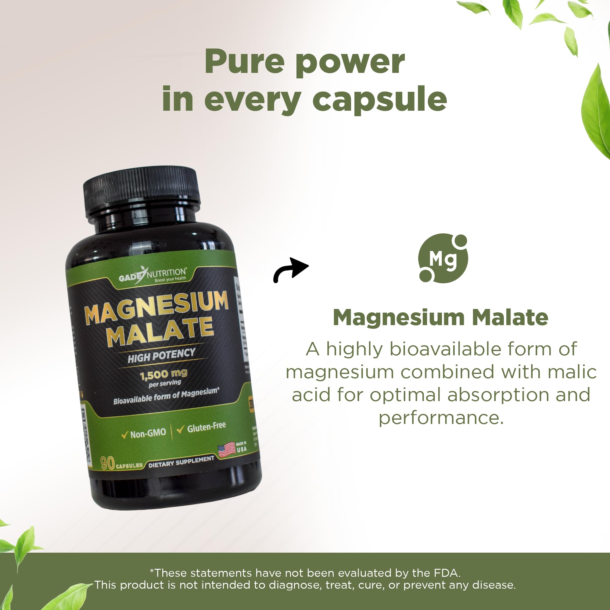 Gade Nutrition Magnesium Supplement as Magnesium Malate | Vegetable Capsules 1,500 mg Made with Calm Magnesium Powder | Magnesium Complex Made in USA