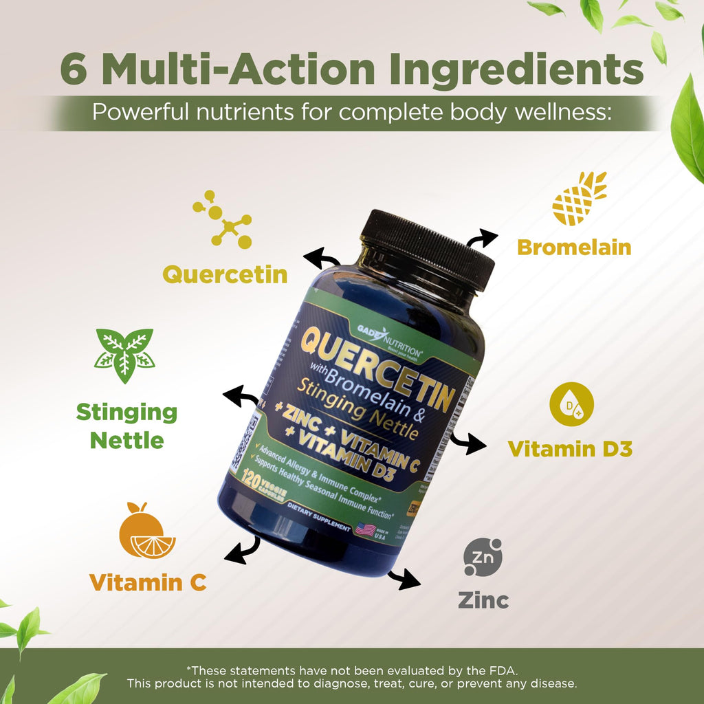 GADE NUTRITION Quercetin 500mg with Bromelain, Vitamin C, Zinc & Vitamin D3 – 120 Veggie Caps