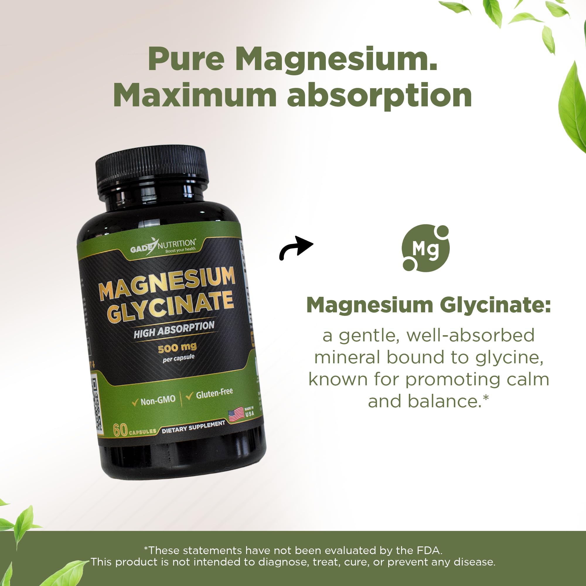 Gade Nutrition Pure Magnesium Glycinate | Magnesium Supplement as Calm Magnesium for Sleep | Magnesium Complex Supplement in Capsules Made wih Magnesium Glycinate Powder - or Calm Magnesium Powder
