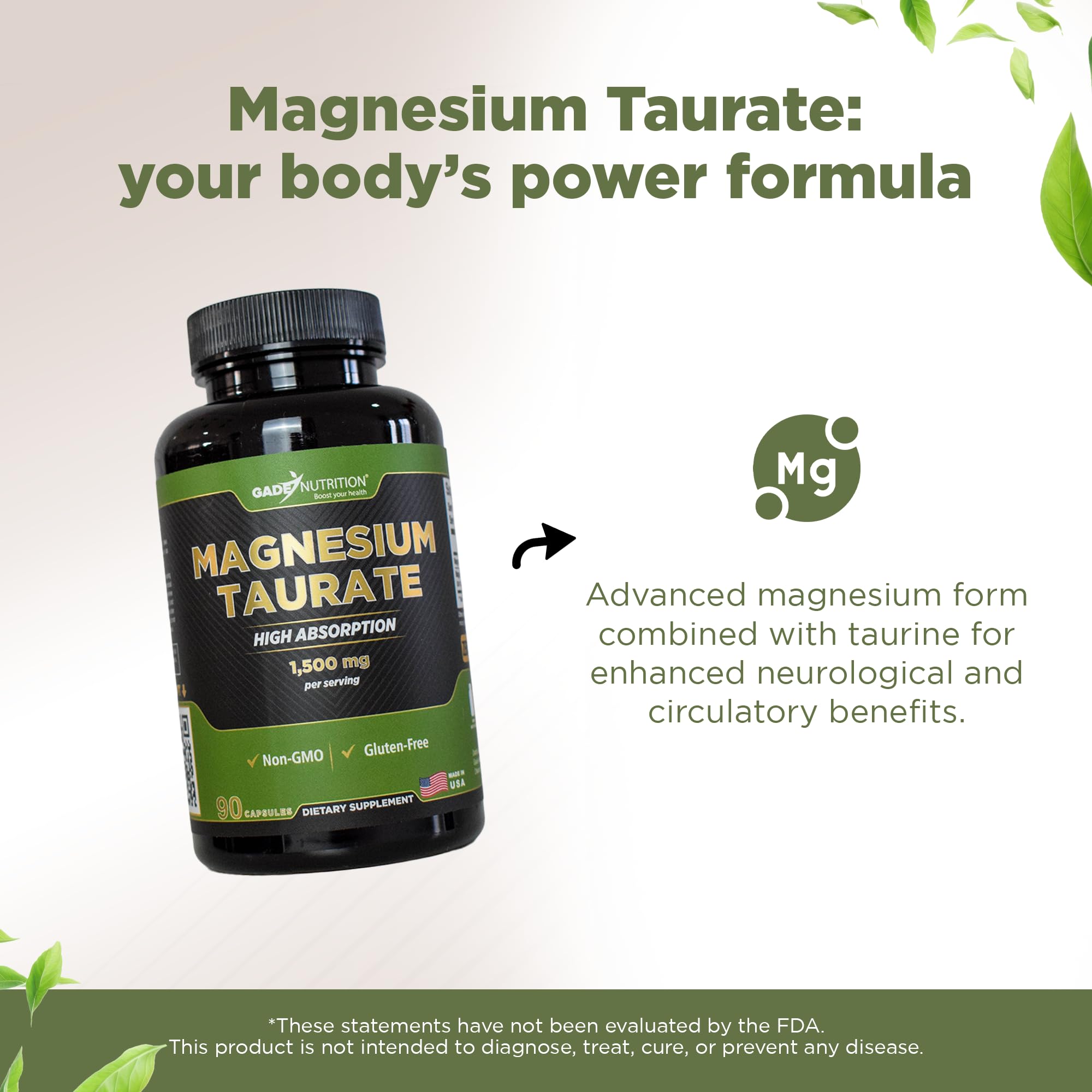 Gade Nutrition Pure Magnesium Taurate – Calm, Sleep & Heart Health | Made in USA
